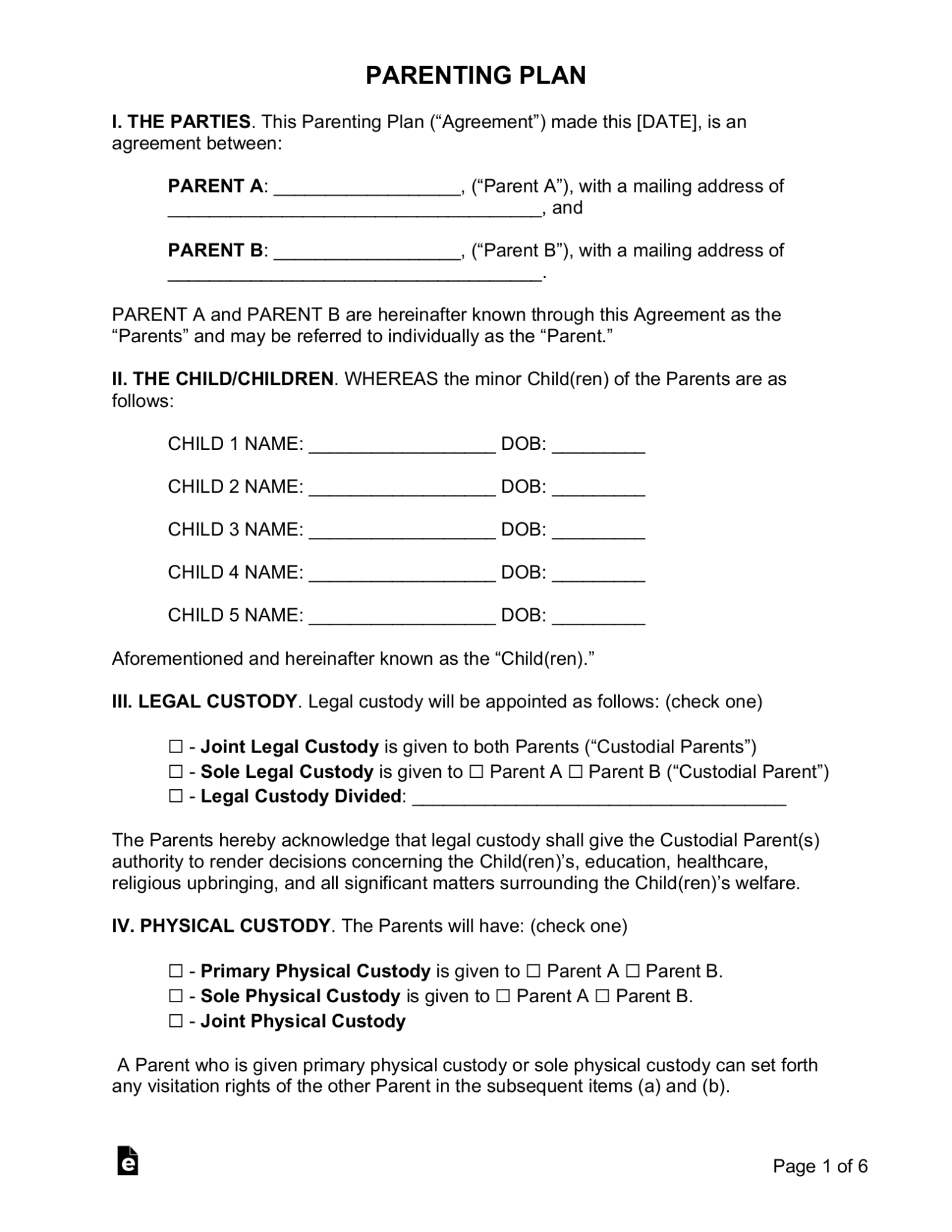 Free Custody Parenting Plan Agreement Template PDF Word EForms