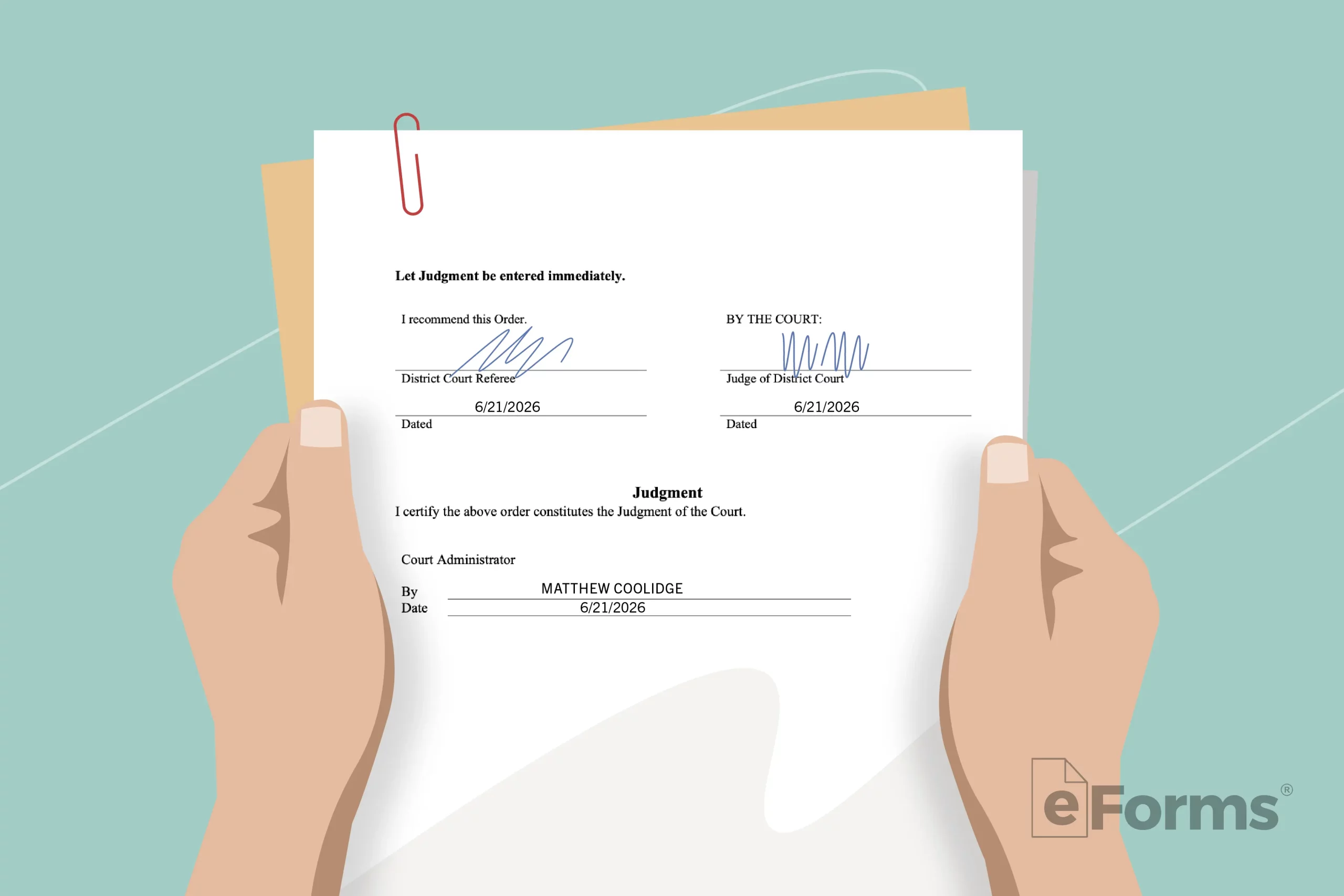Pair of hands holding document with signature. 