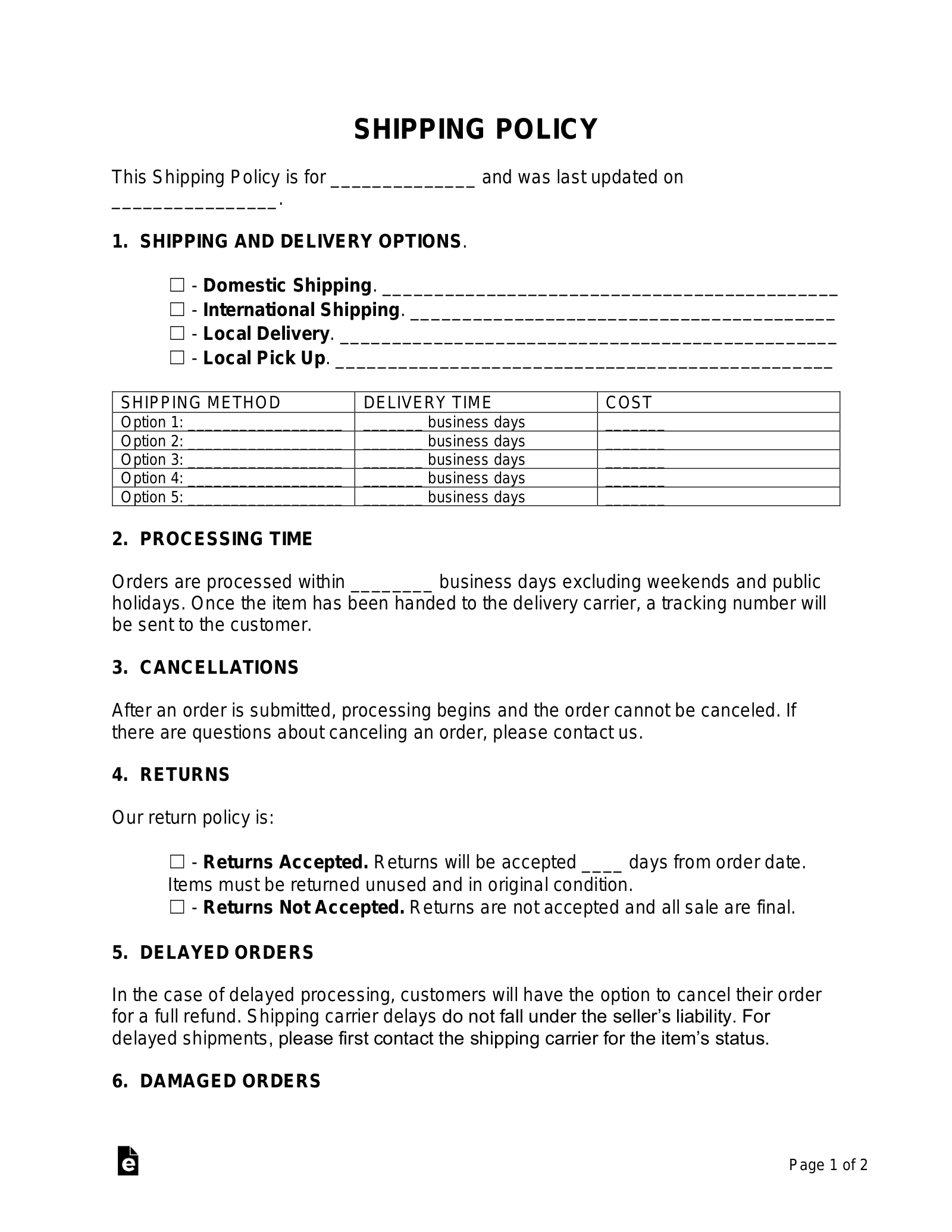 Free Shipping Policy Template Generator PDF Word EForms