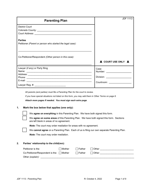 Free Colorado Custody (Parenting) Plan - PDF – eForms