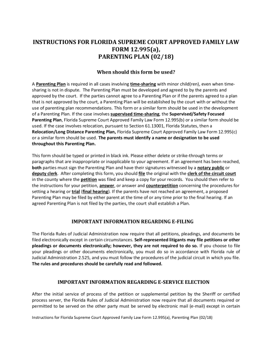 Florida Custody (Parenting) Plan