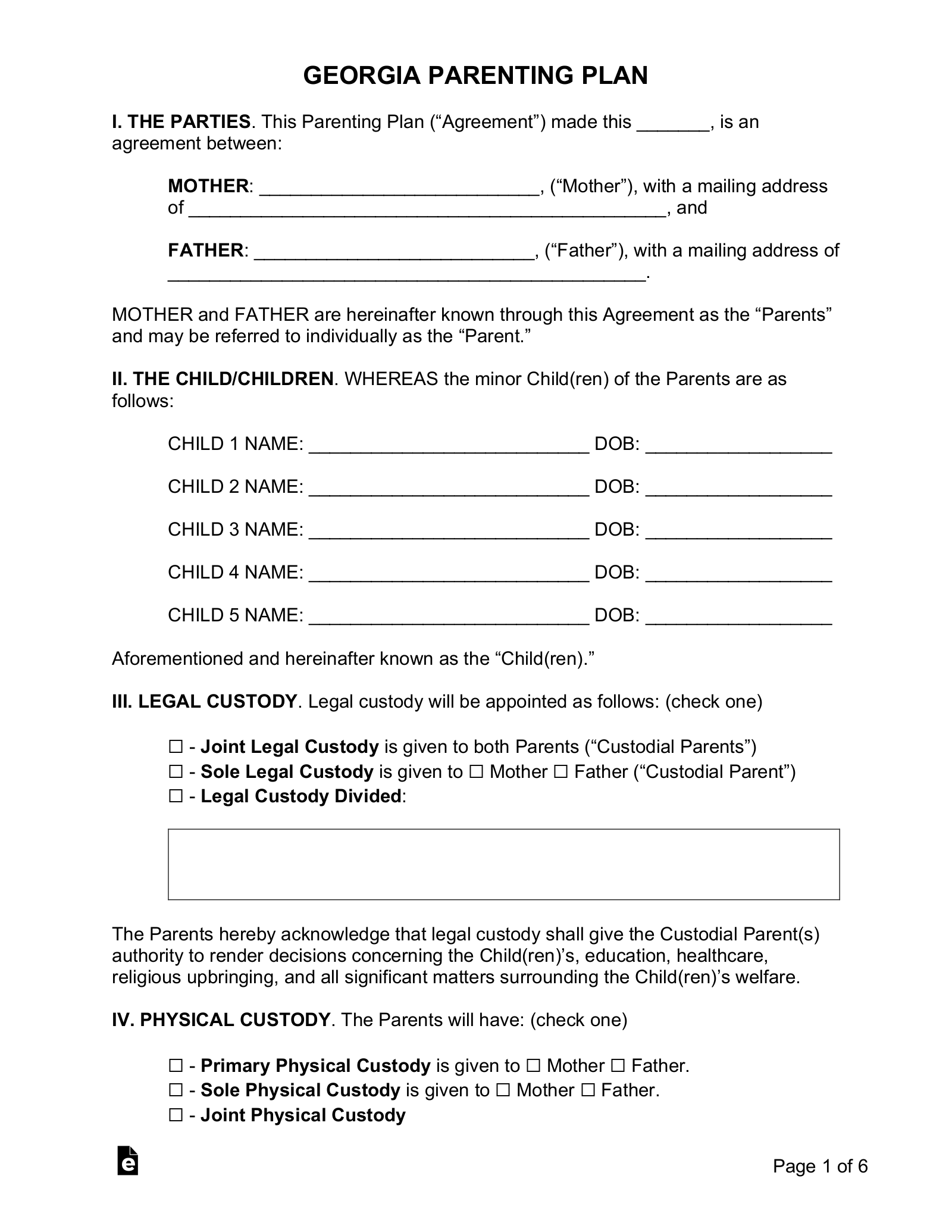 Free Georgia Custody (Parenting) Plan PDF Word eForms