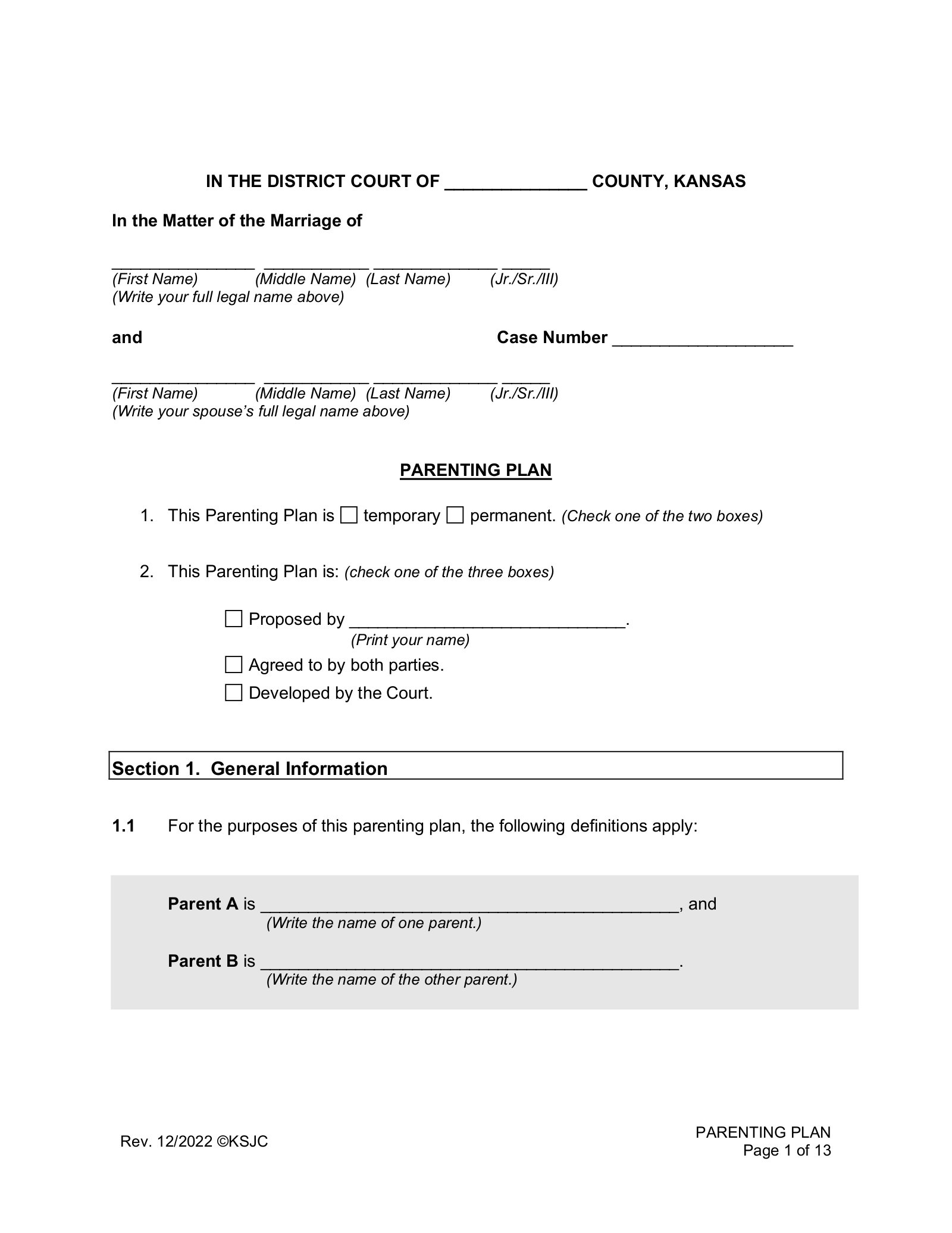 Kansas Custody (Parenting Plan) Agreement