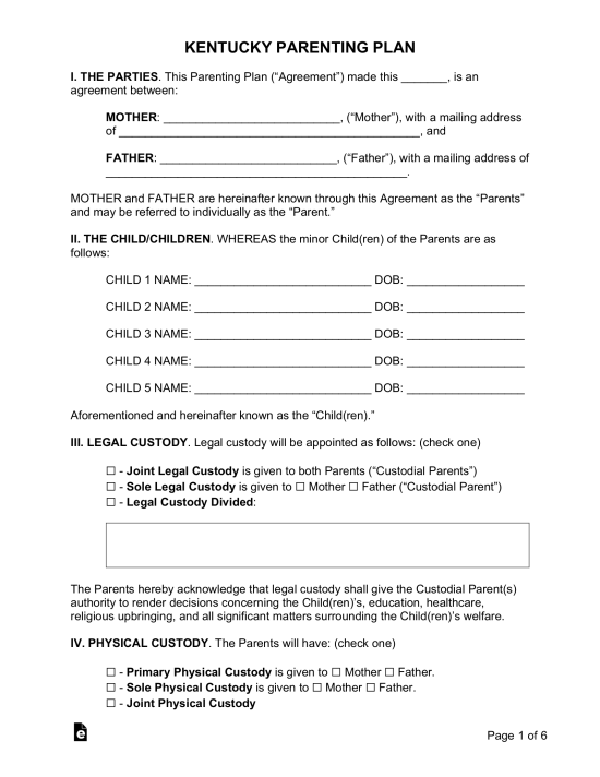 Kentucky Custody (Parenting Plan) Agreement