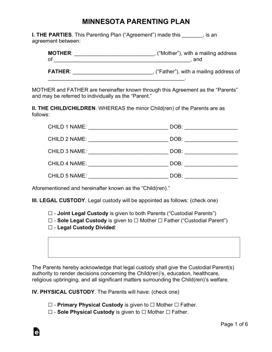 Minnesota Custody (Parenting) Plan