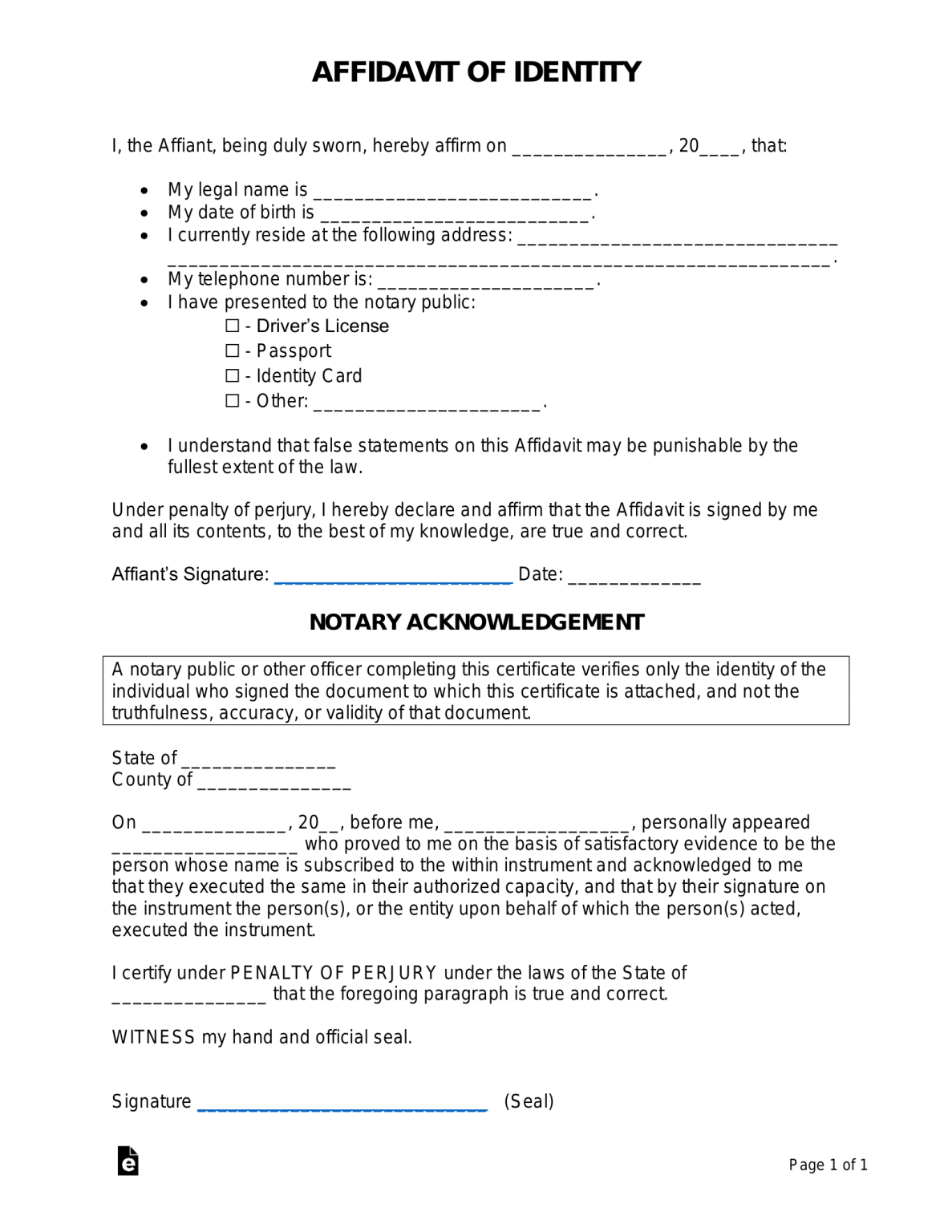 Free Affidavit Of Identity Form PDF Word EForms