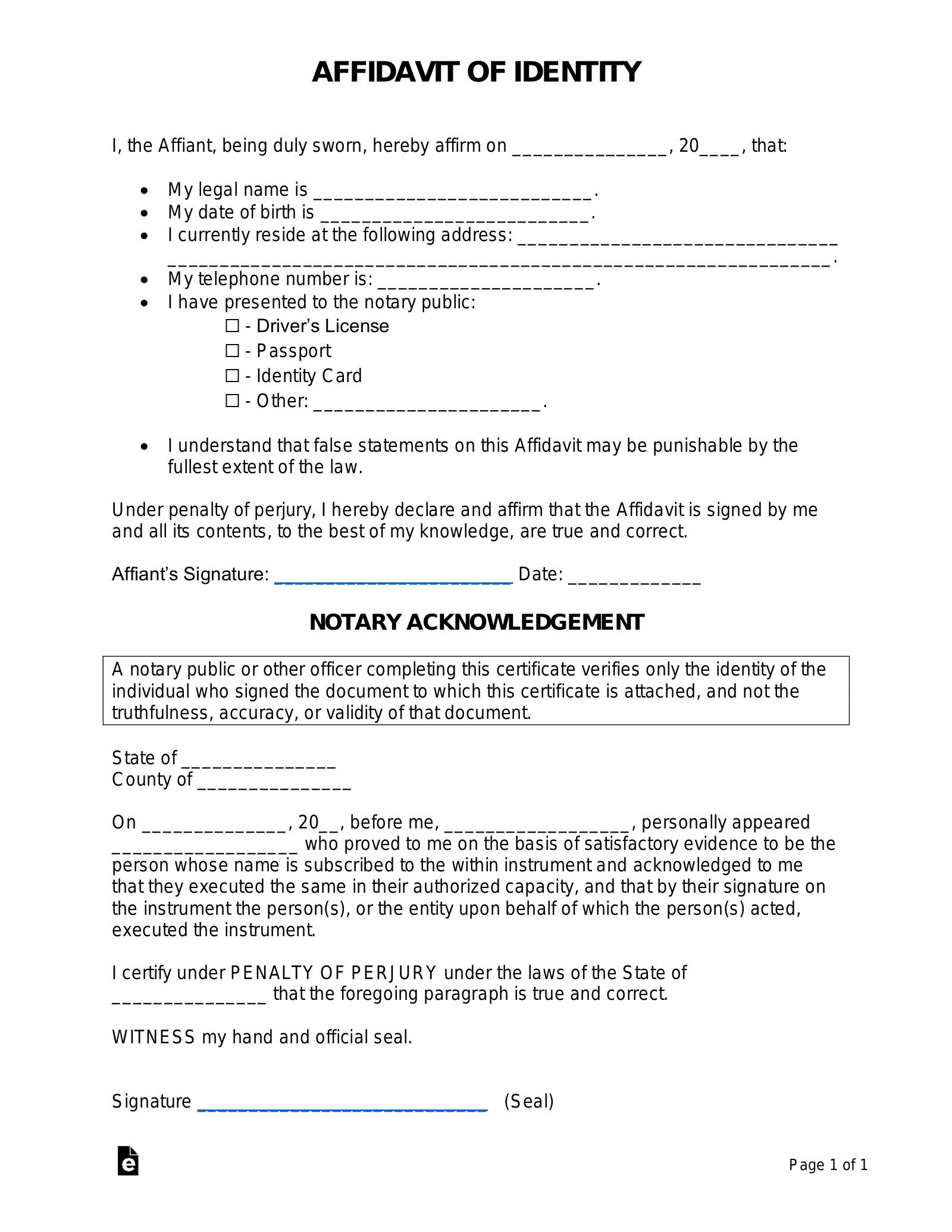 Free Affidavit of Identity Form - PDF | Word – eForms