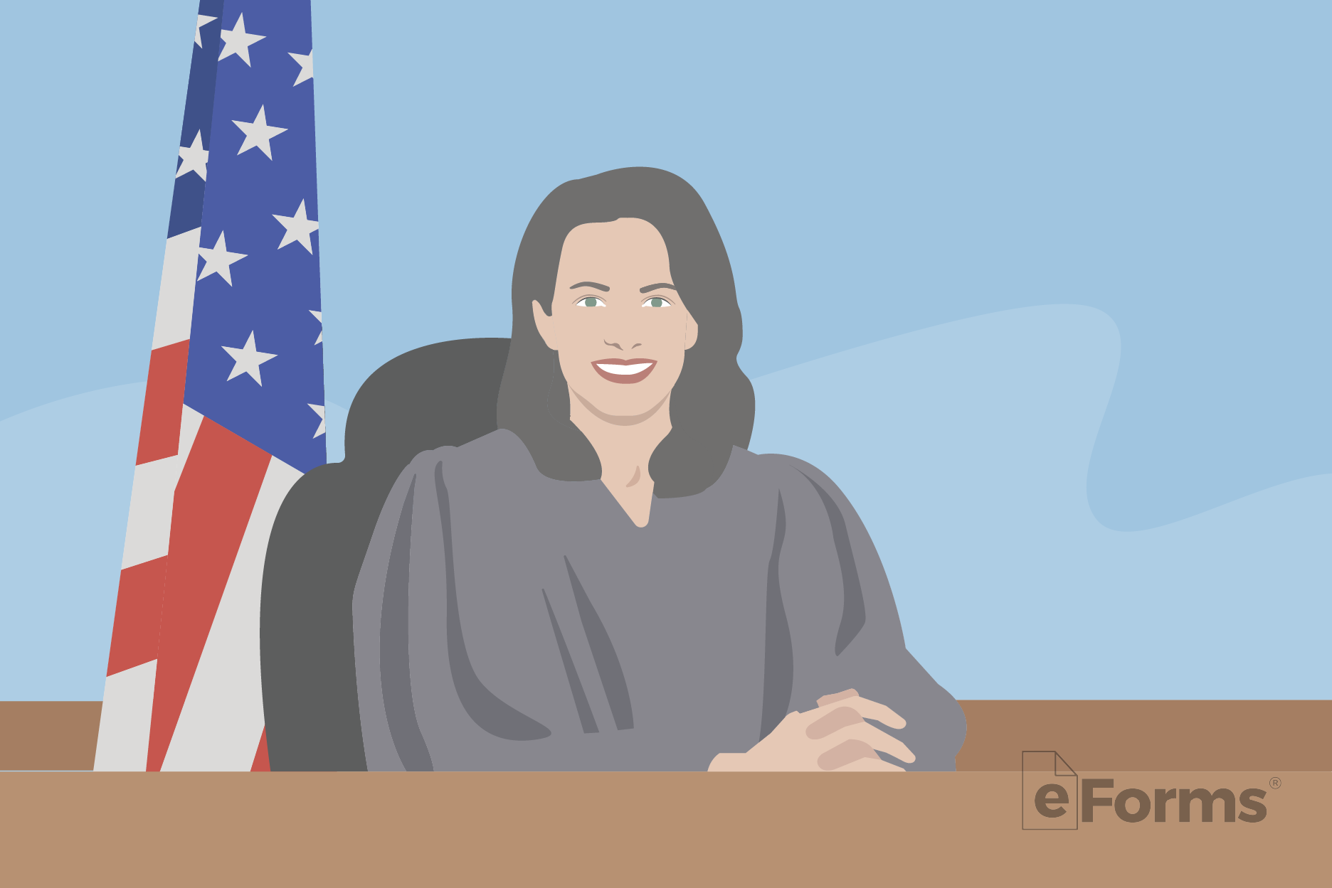 Woman judge sitting on bench with U.S. flag behind.