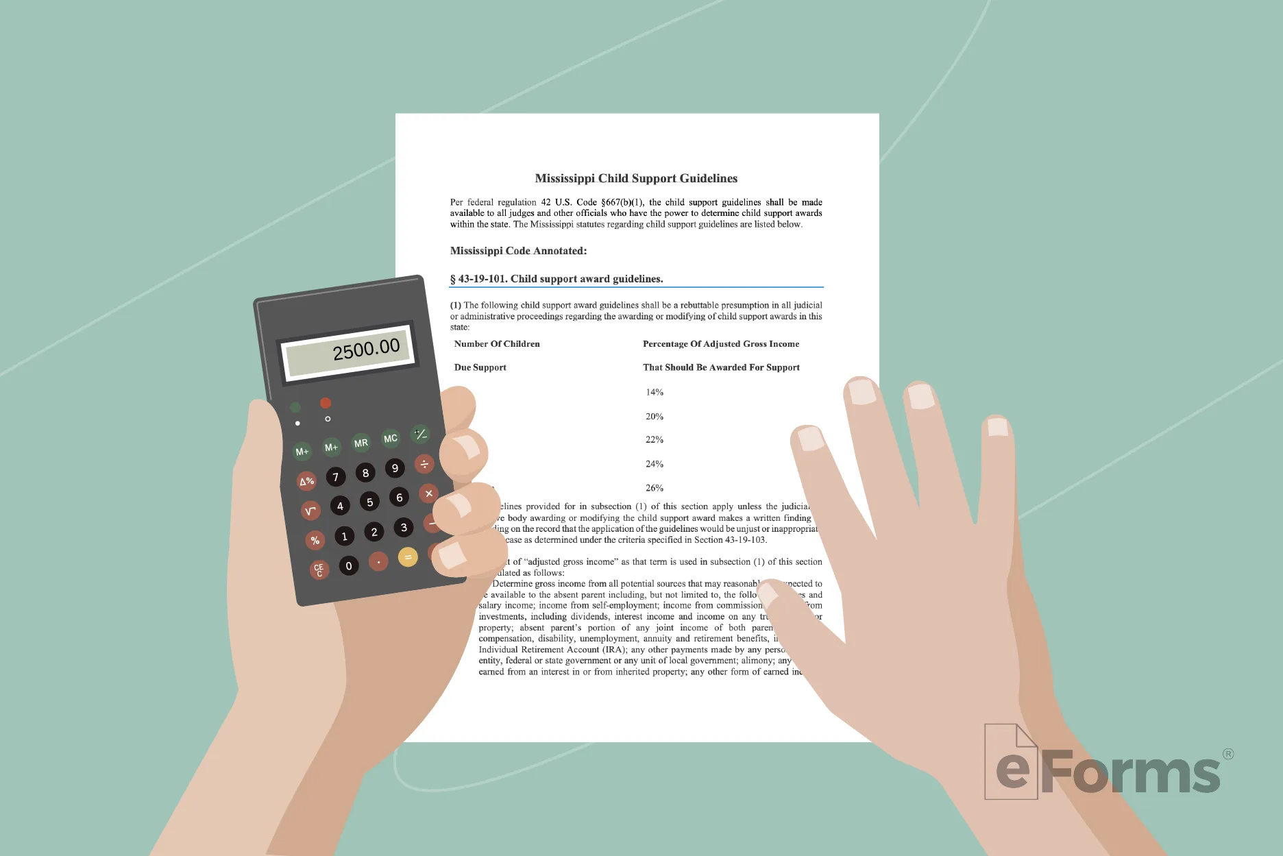Document with a pair of hands, the left hand holding a calculator.