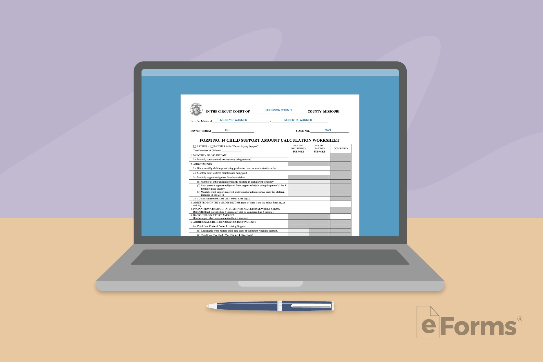 Laptop computer displaying online child support calculator.