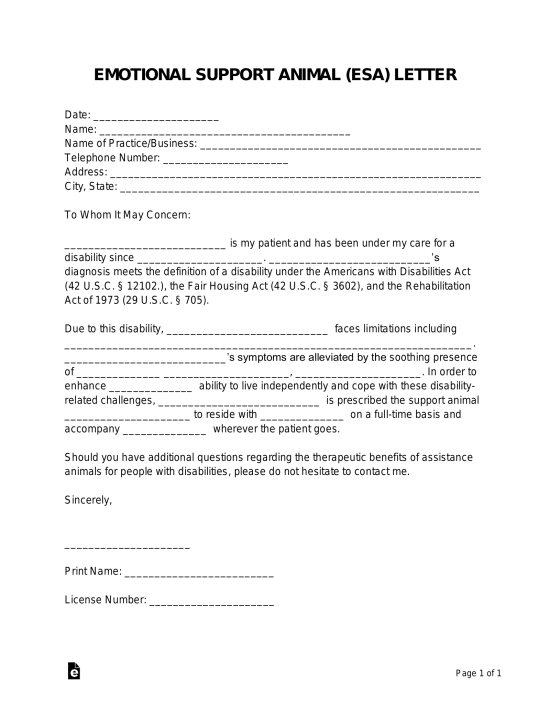 Free Emotional Support Animal ESA Letter Template PDF Word EForms