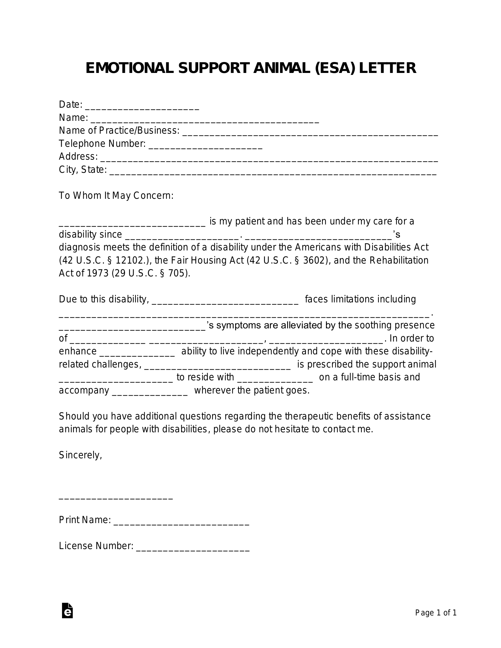 Emotional Support Animal (ESA) Letter Template