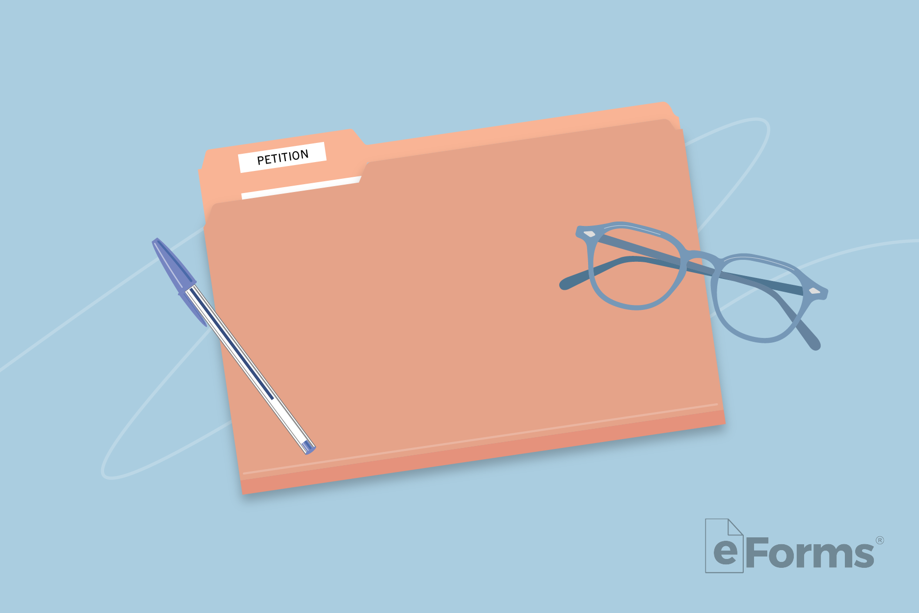 Folder labeled "Petition" with a pen and pair of glasses.