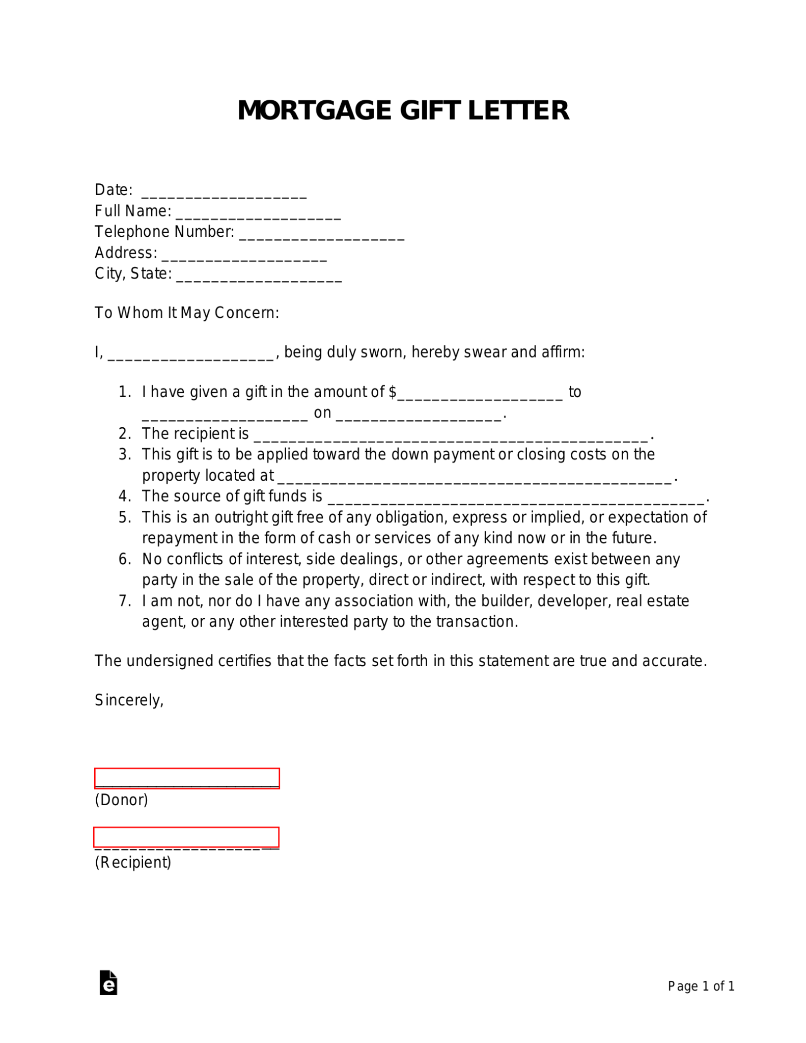 Free Gift Letter for Mortgage Template PDF Word eForms