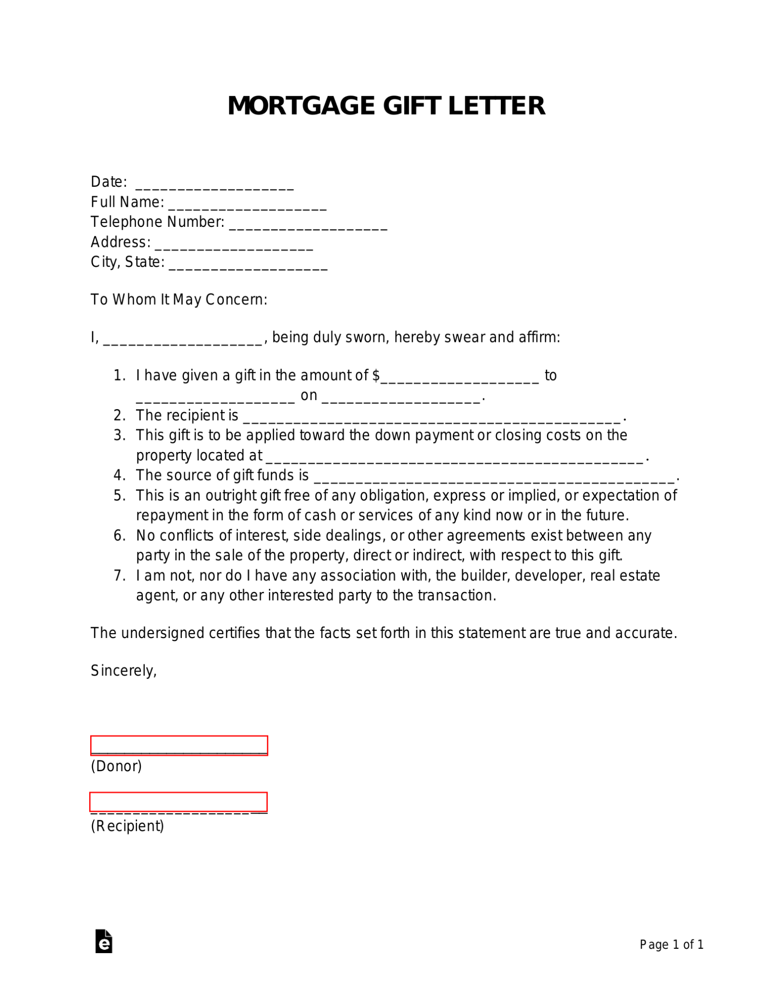 Free Gift Letter For Mortgage Template PDF Word EForms