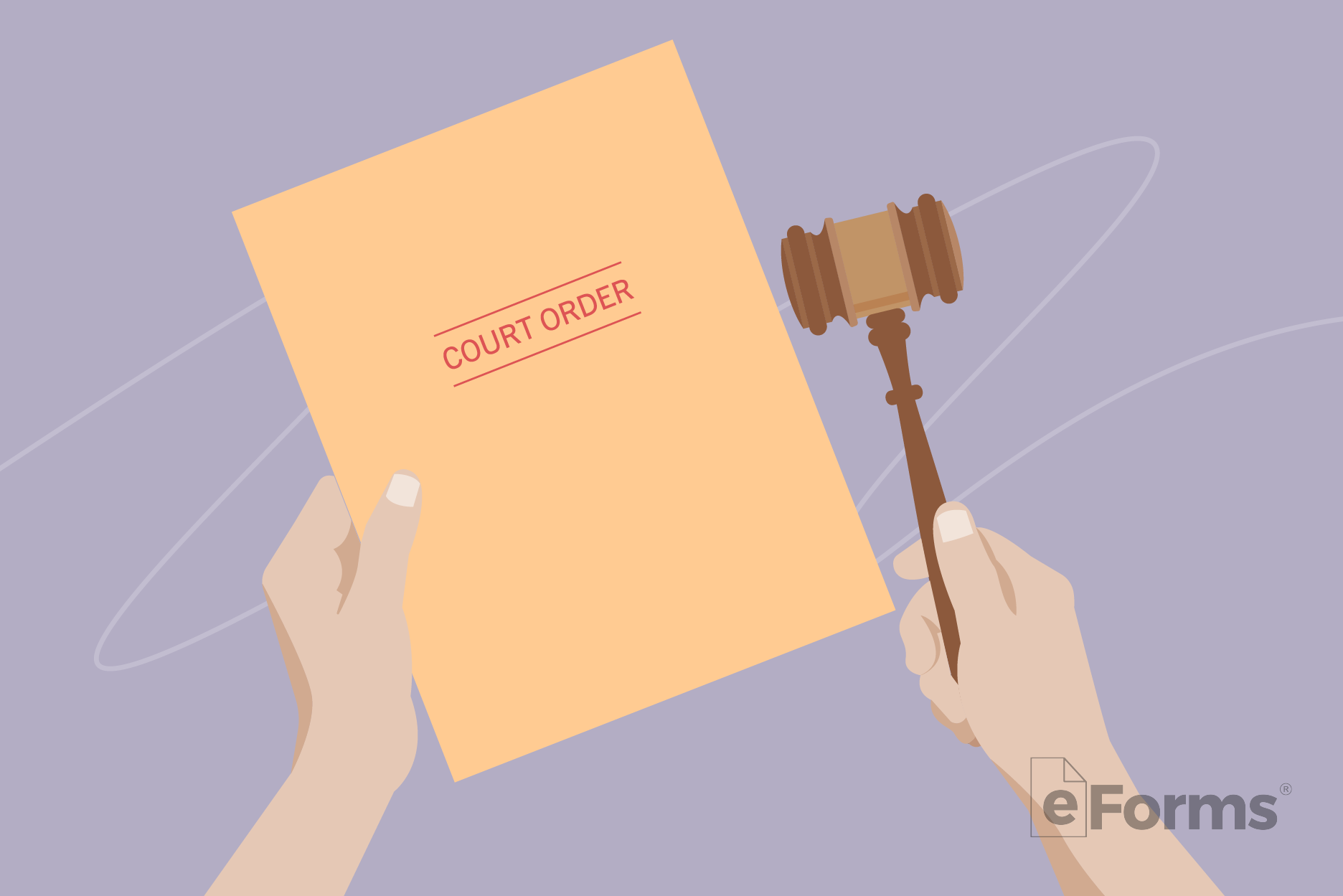 Court order with a pair of hands, the right hand holding a gavel.