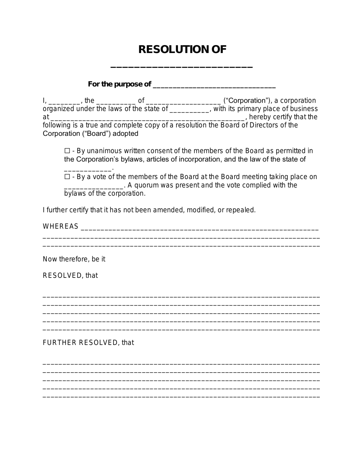 Free Corporate Resolution Form PDF Word eForms