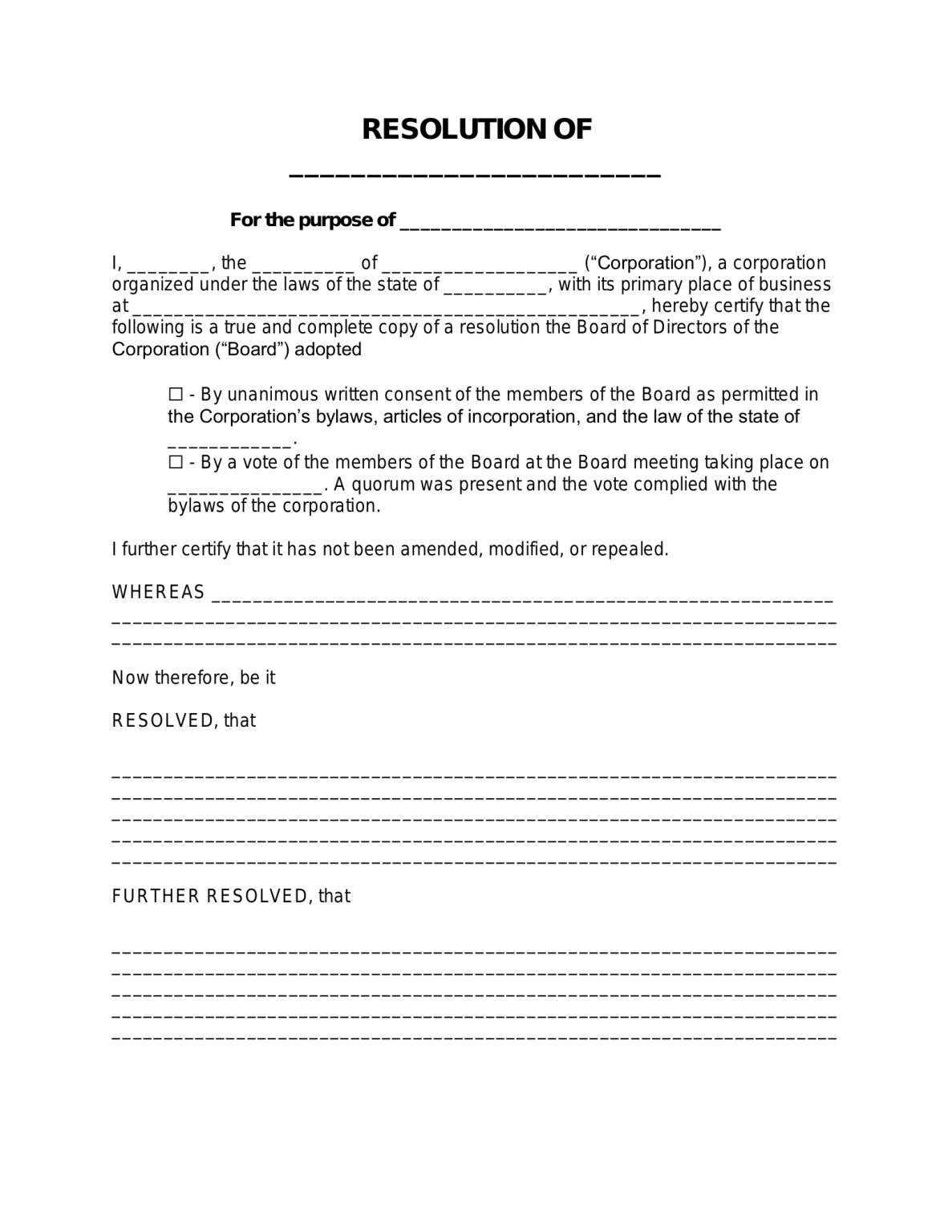 Free Corporate Resolution Form PDF Word EForms