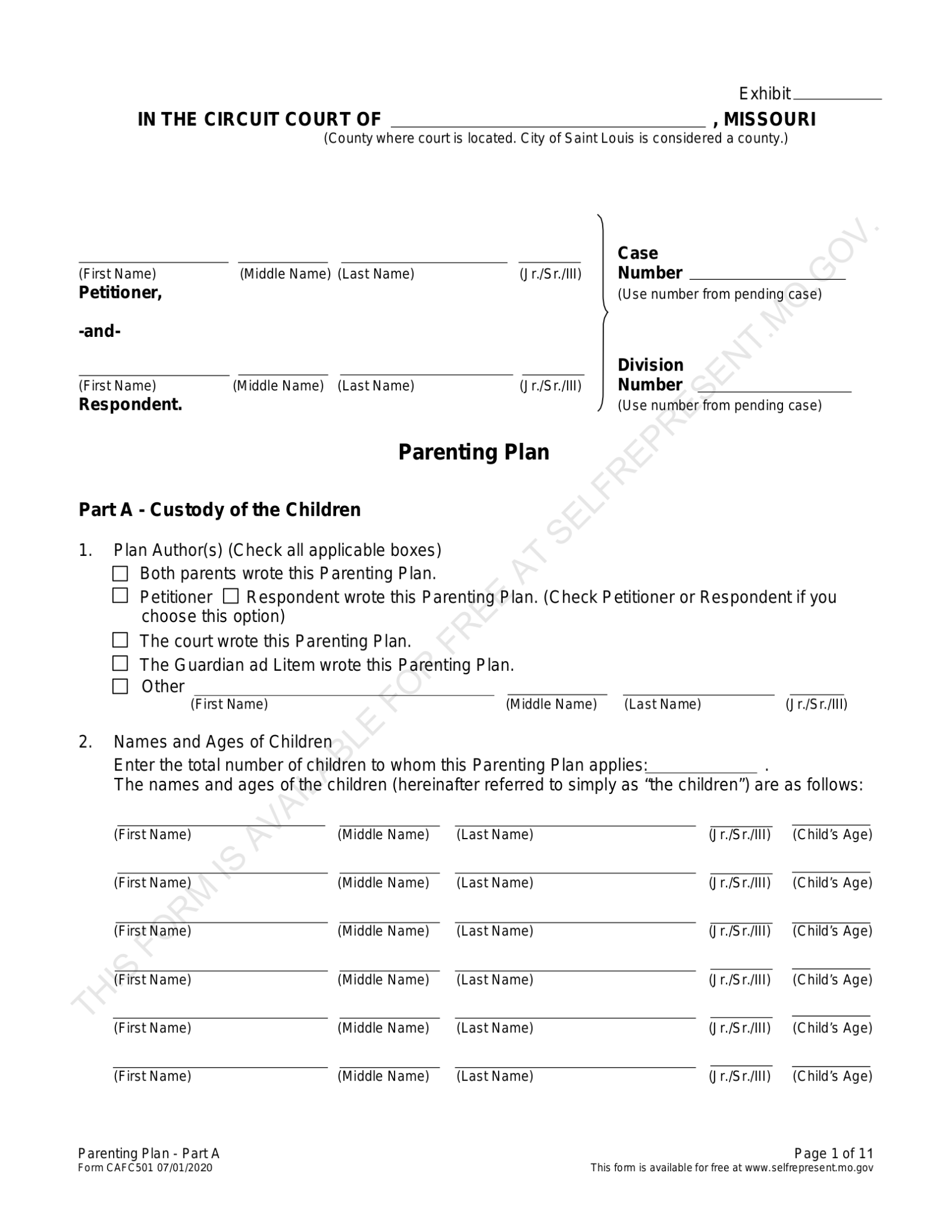 Free Missouri Custody Parenting Plan PDF EForms free-missouri-custody-parenting-plan-pdf-eforms