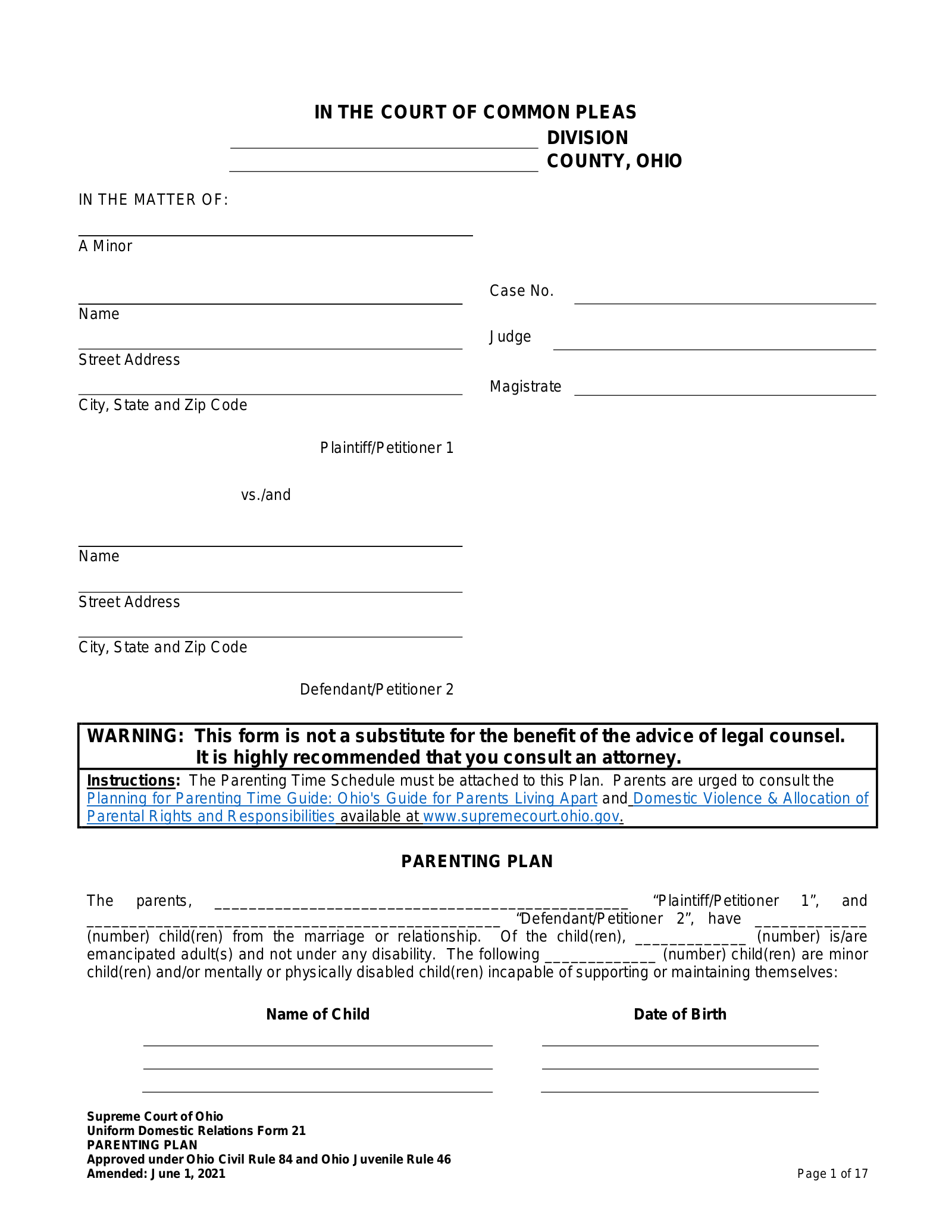 Free Ohio Custody Parenting Plan Agreement PDF EForms