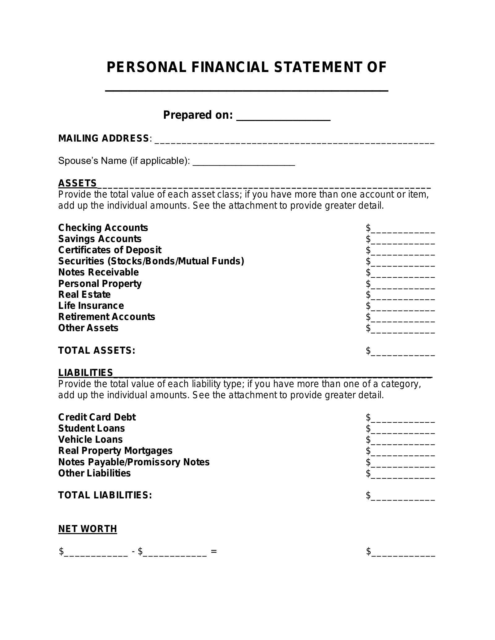 Free Personal Financial Statement Template PDF Word EForms