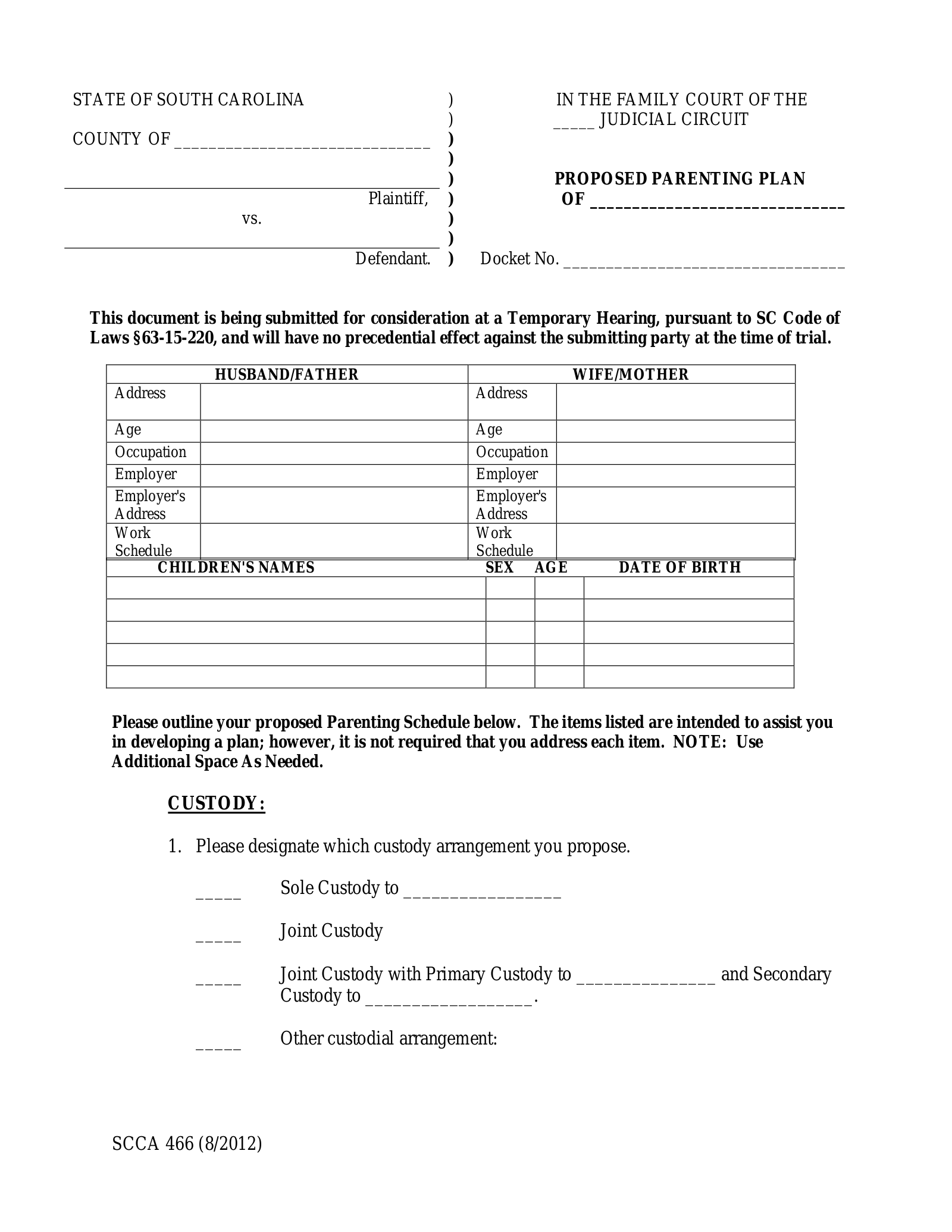 South Carolina Custody (Parenting) Plan