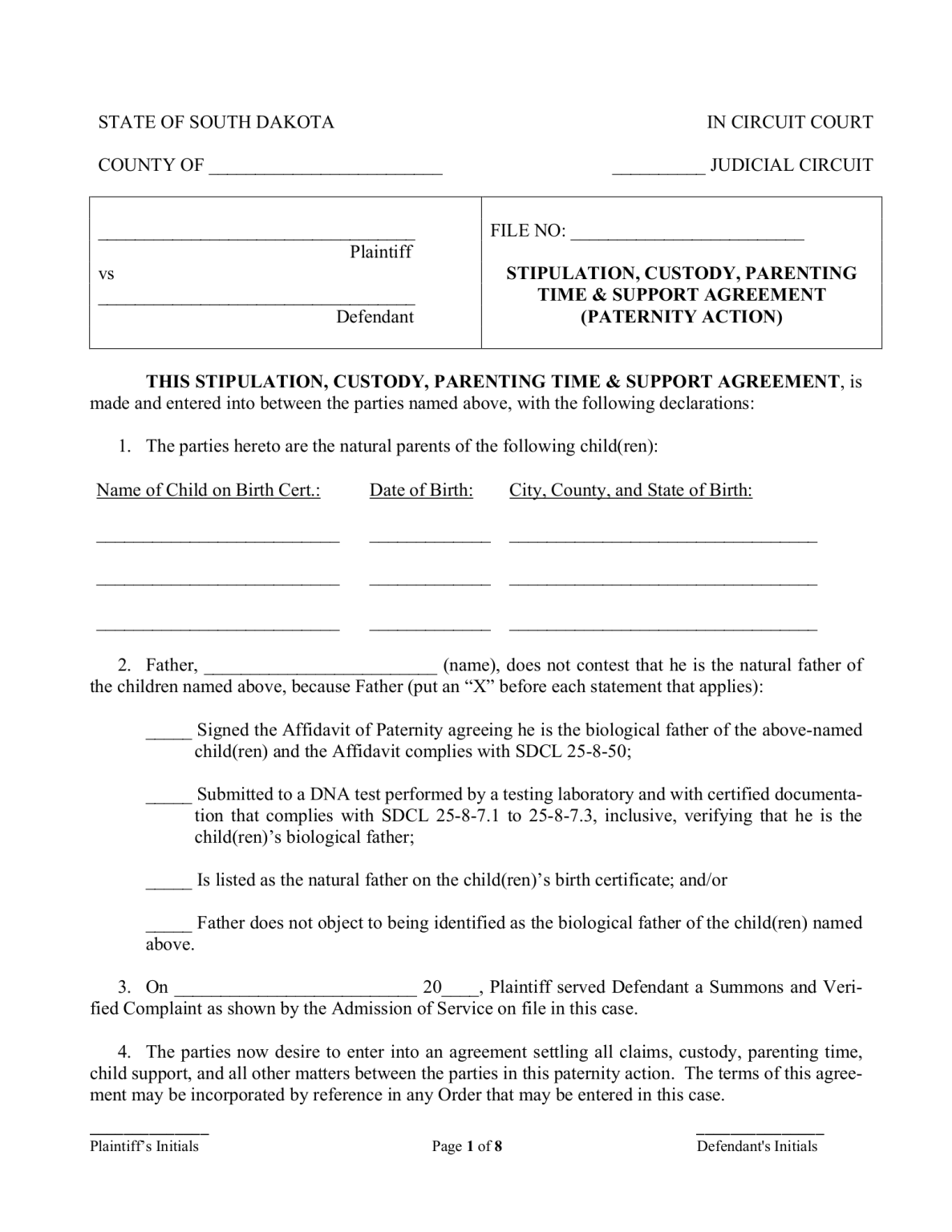 Free South Dakota Custody Parenting Plan PDF EForms