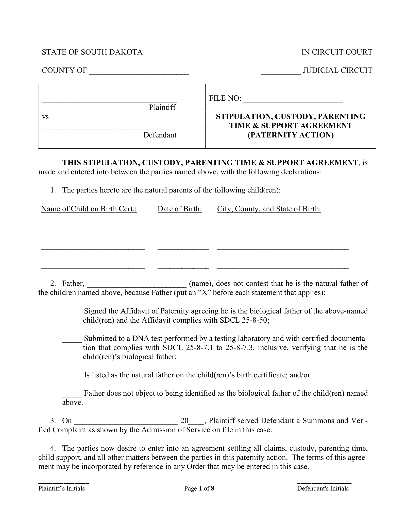 Free South Dakota Custody Parenting Plan PDF EForms
