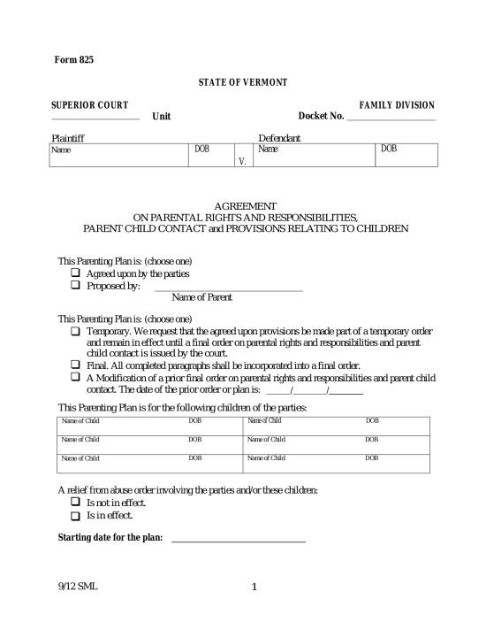 Vermont Custody (Parenting) Plan