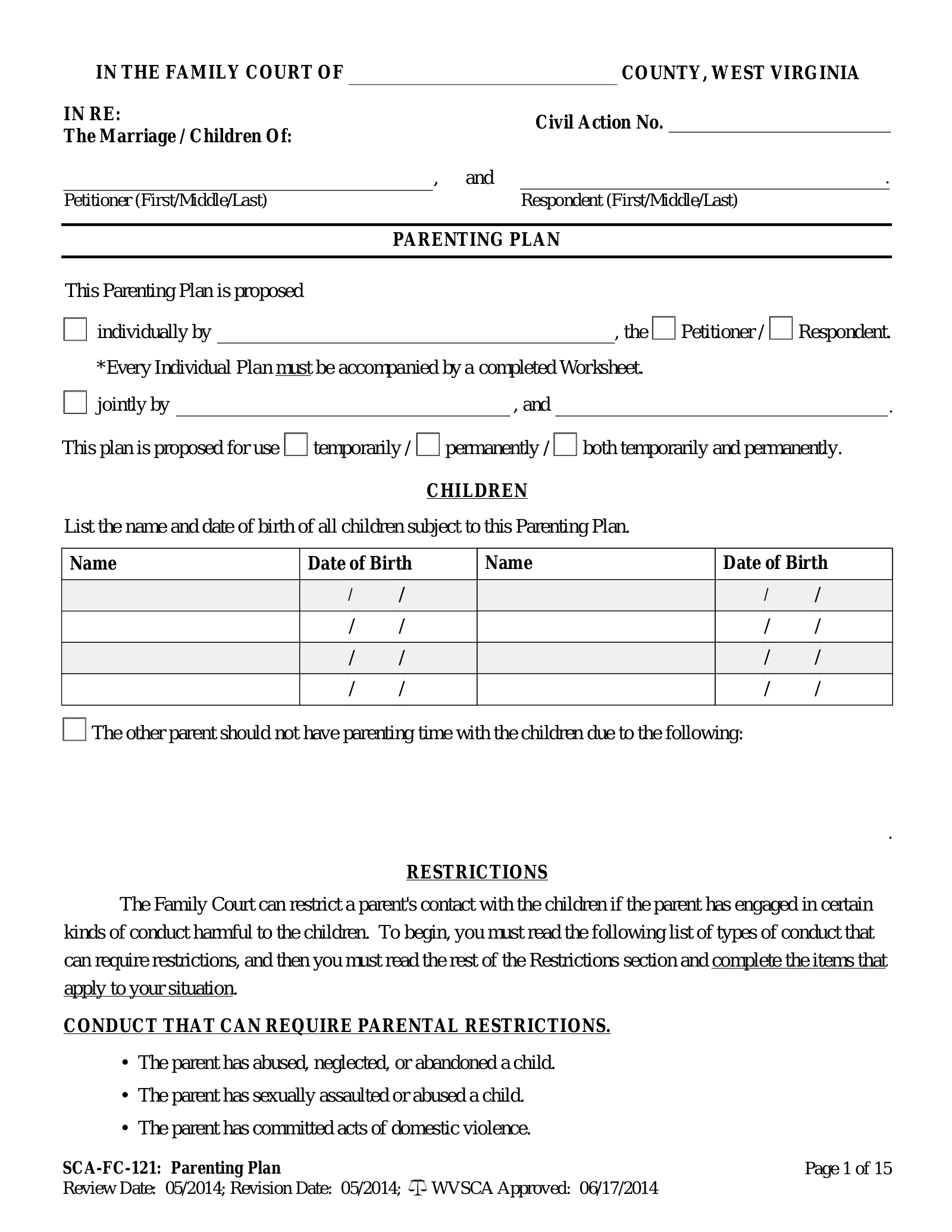 Free West Virginia Custody Parenting Plan Agreement PDF EForms