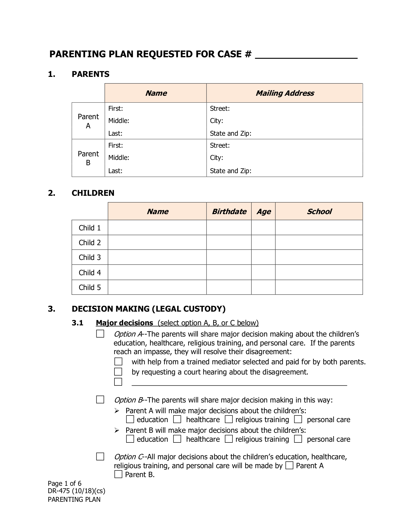 Alaska Custody (Parenting Plan) Agreement | Form DR-475