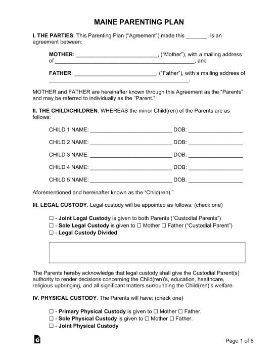 Maine Custody (Parenting) Plan