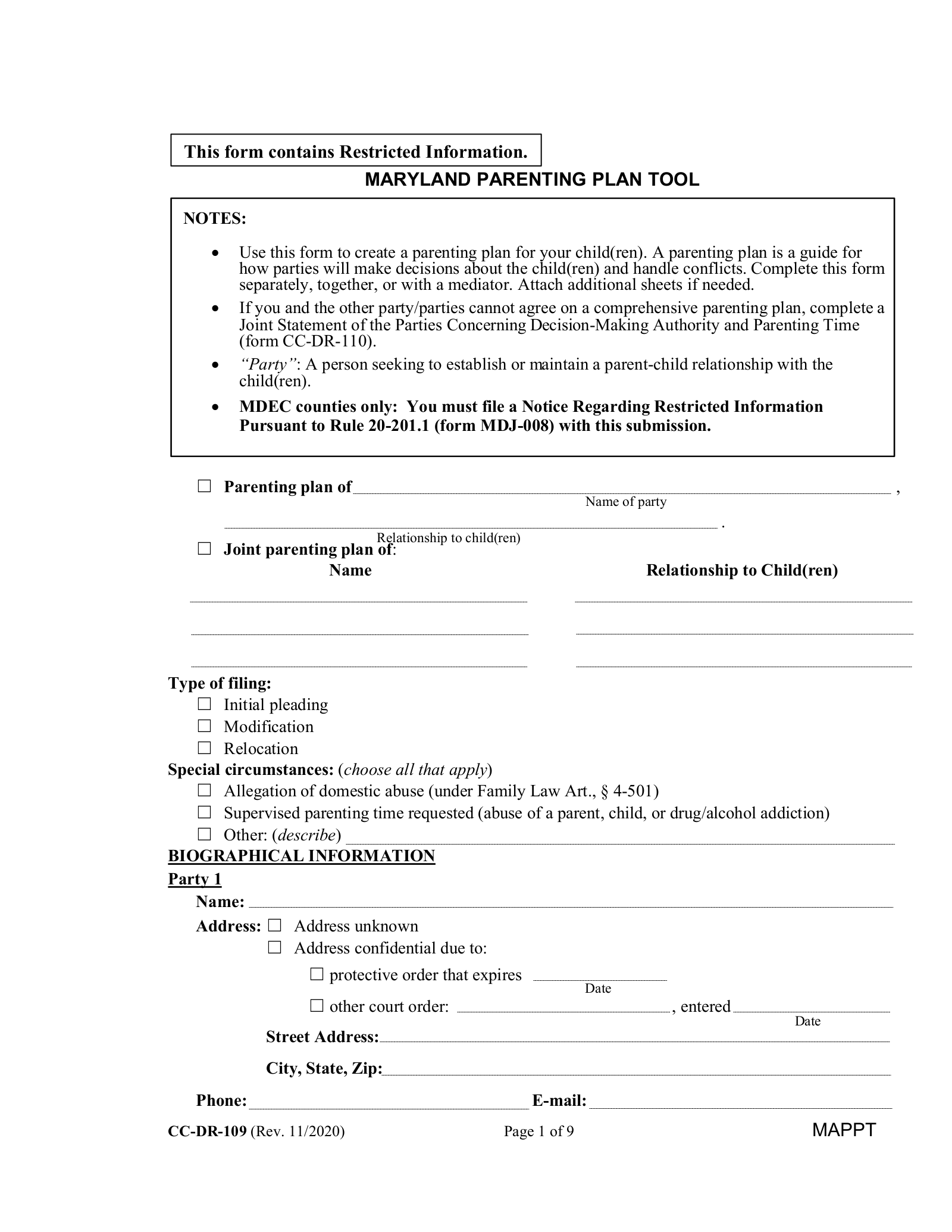 Free Maryland Custody Parenting Plan PDF EForms