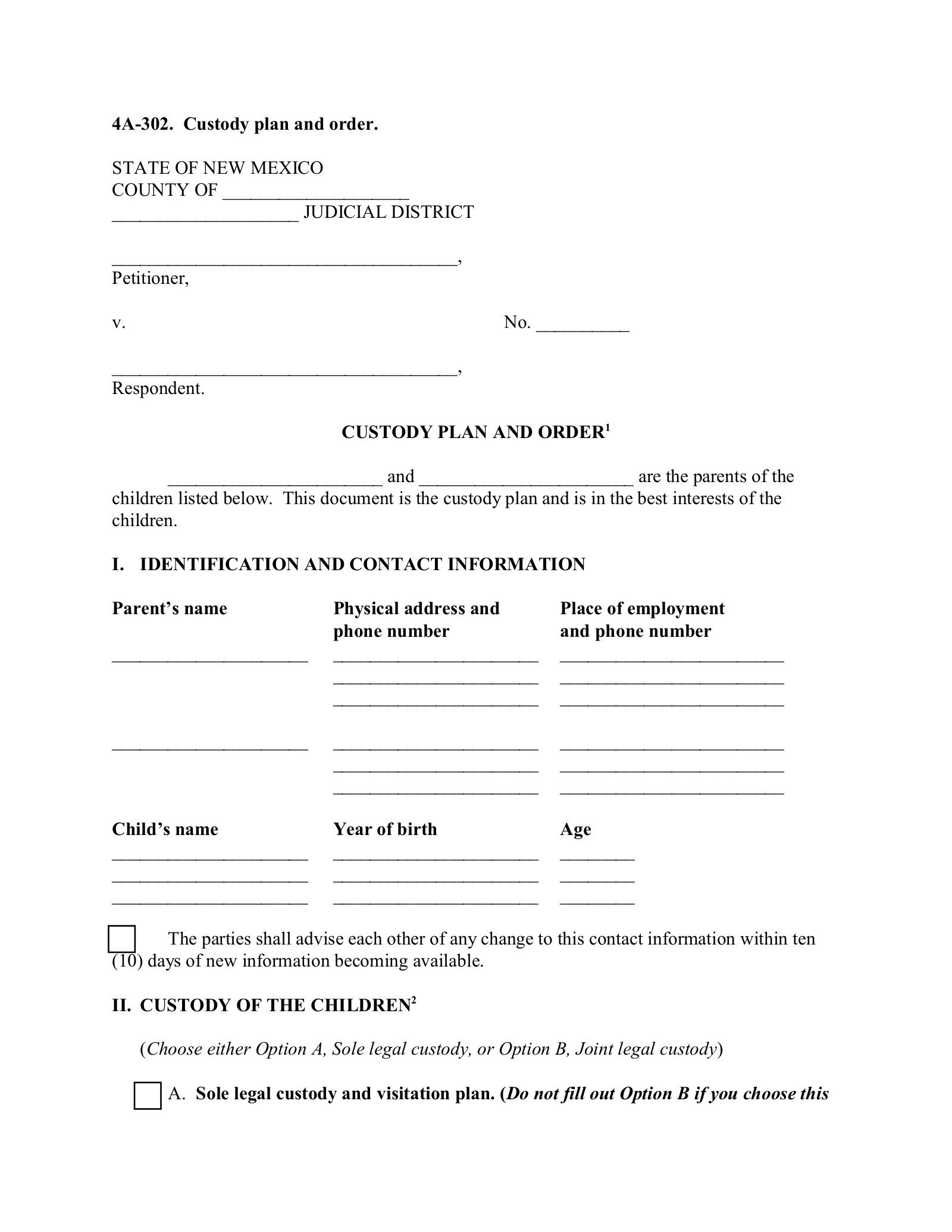 Free New Mexico Custody Parenting Plan PDF EForms
