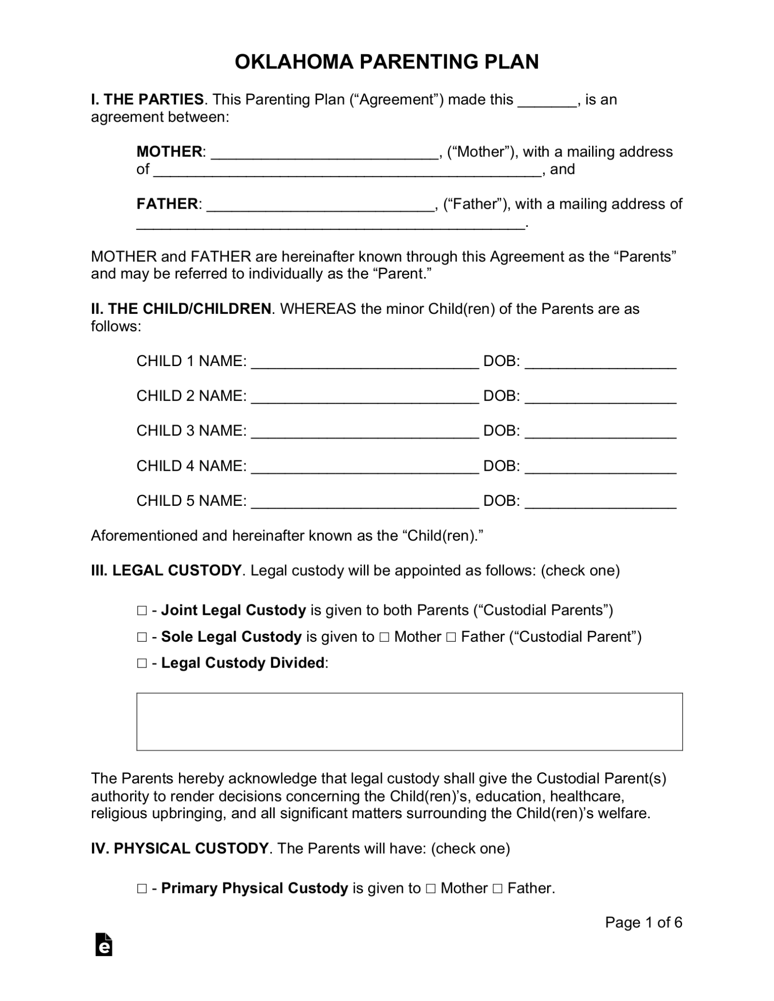 Free Oklahoma Custody Parenting Plan Agreement PDF Word EForms
