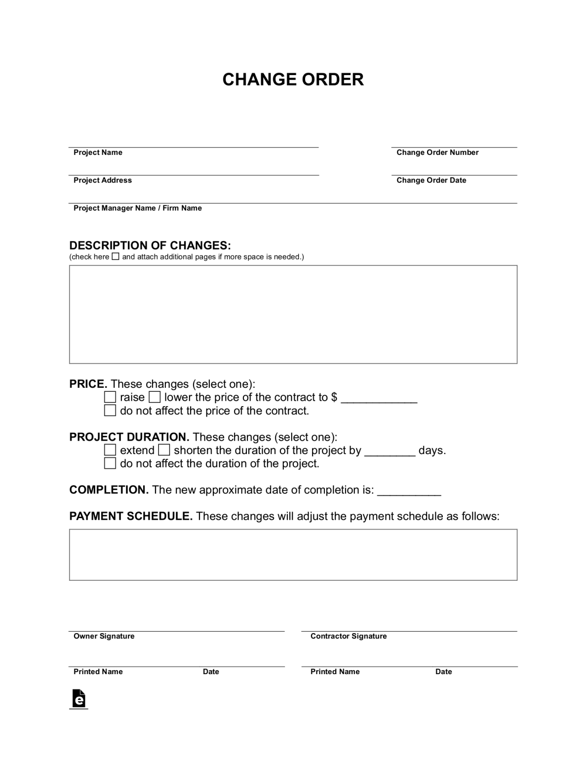 Free Change Order Form (Construction) PDF Word eForms