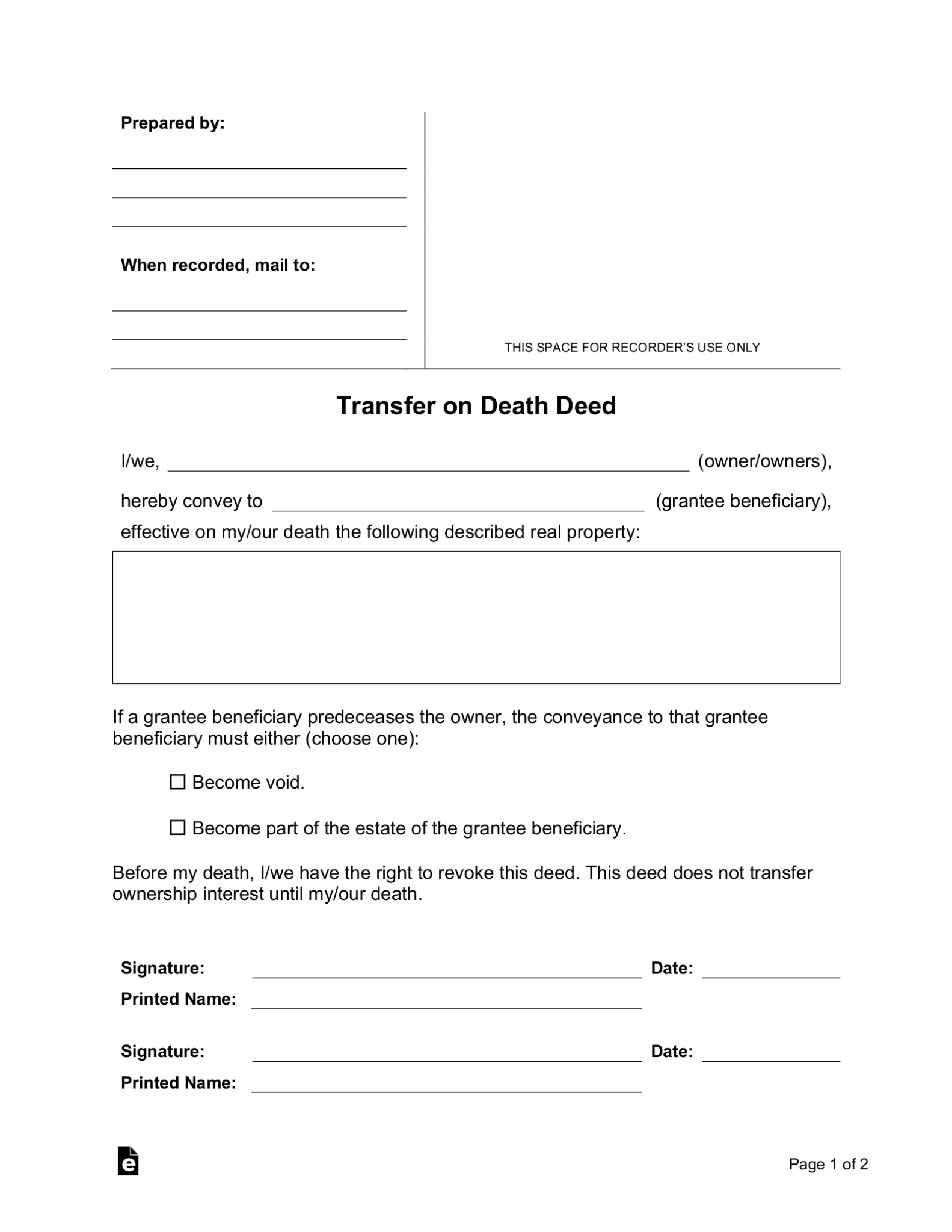 Free Transfer On Death Deed Form PDF Word EForms