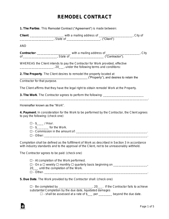 Free Remodeling Contract Template PDF Word eForms