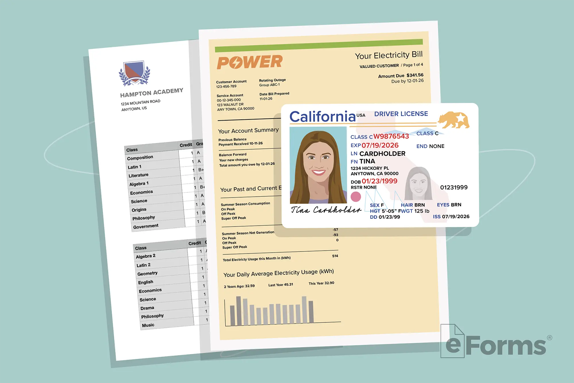 Student transcript, utility statement and a drivers license.