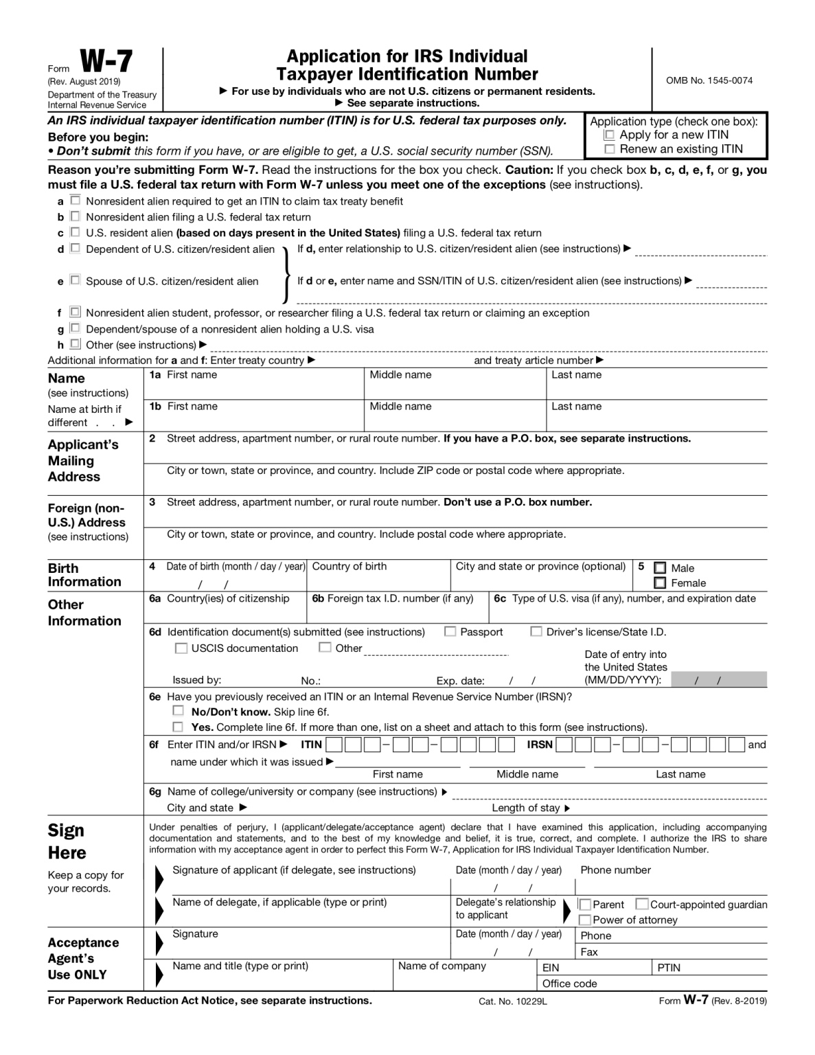 Free IRS Form W7 | ITIN Application - PDF – eForms