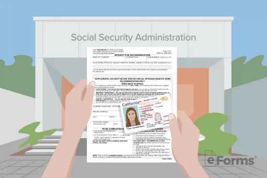 Person holding Social Security form and ID in front of SSA building.