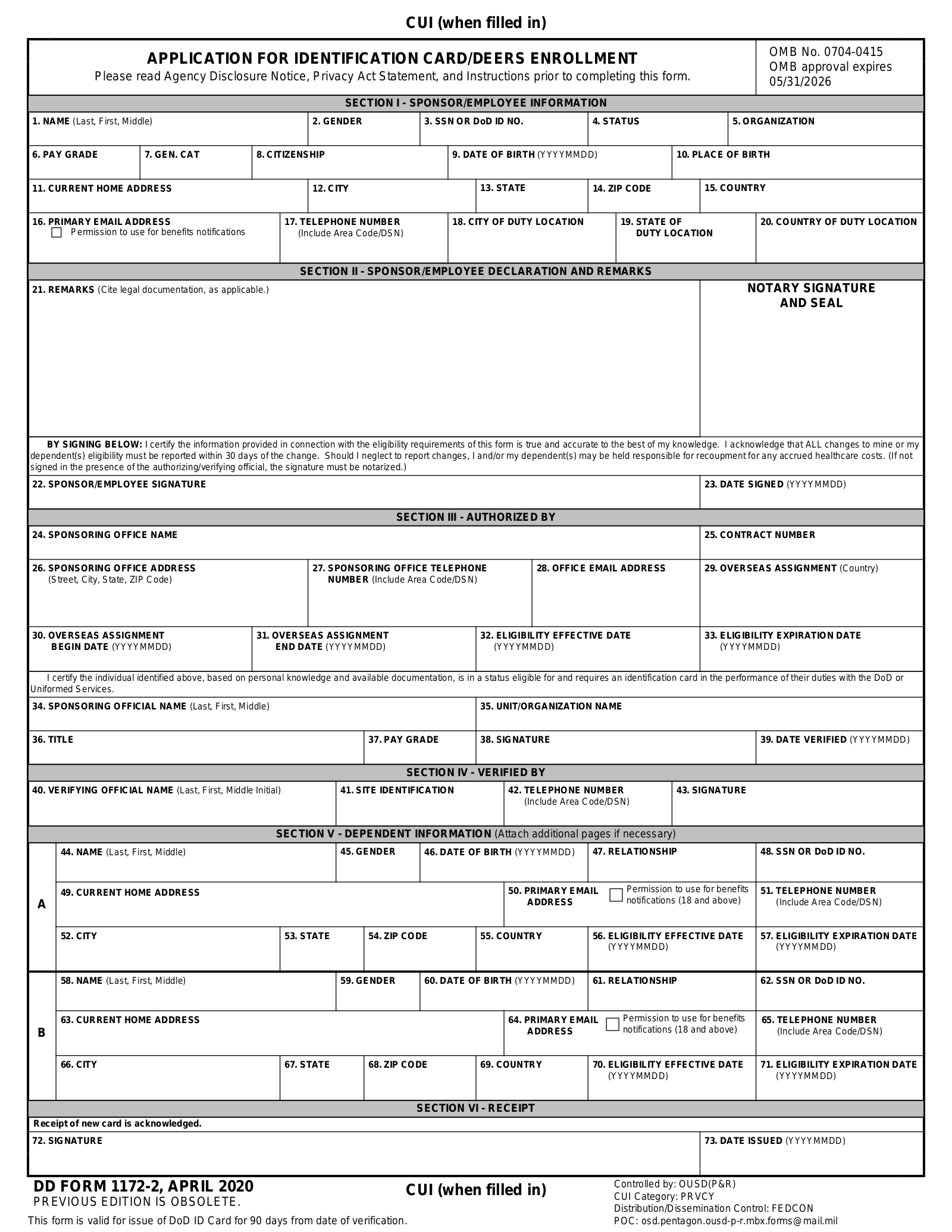 Form DD 1172-2