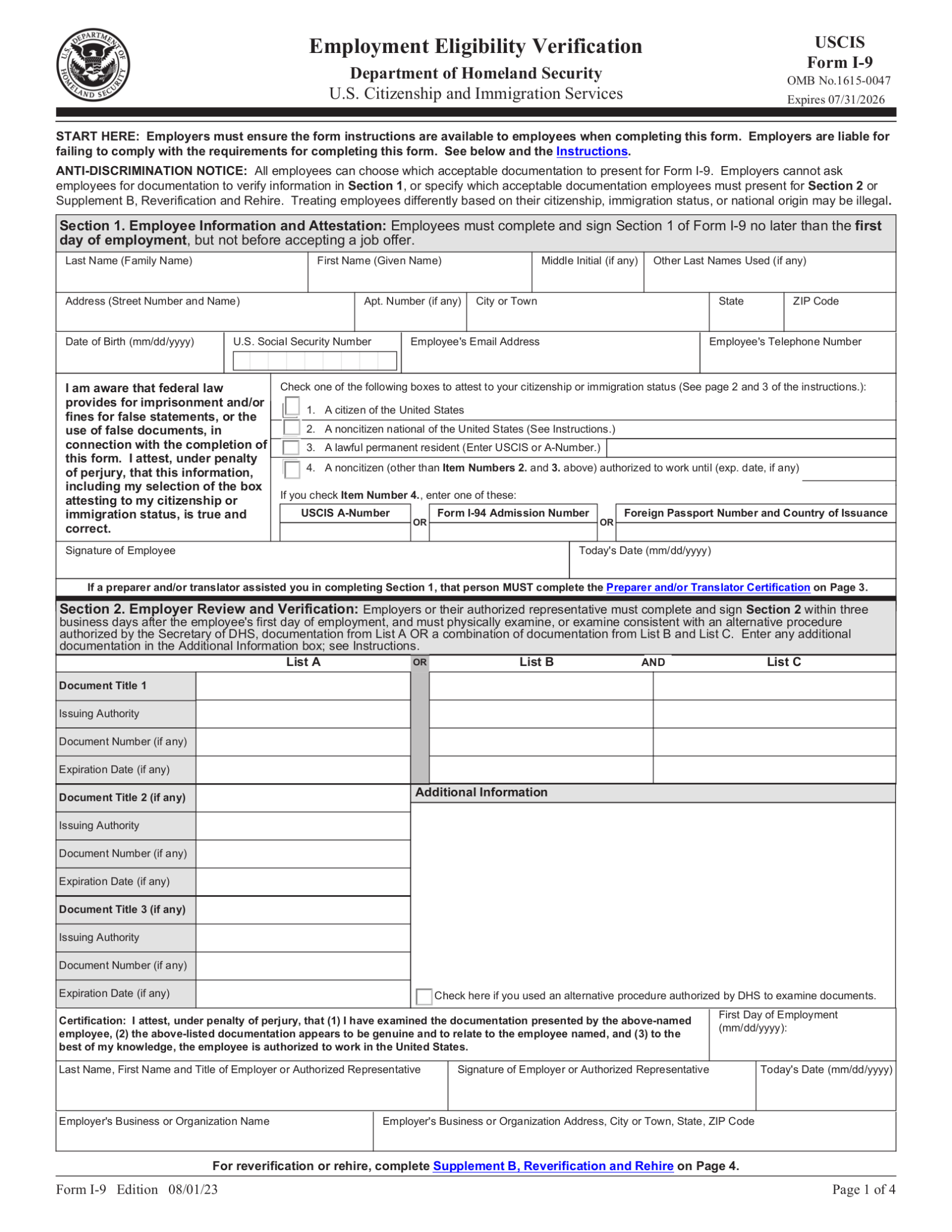 Free I9 Form Employment Eligibility Verification PDF eForms