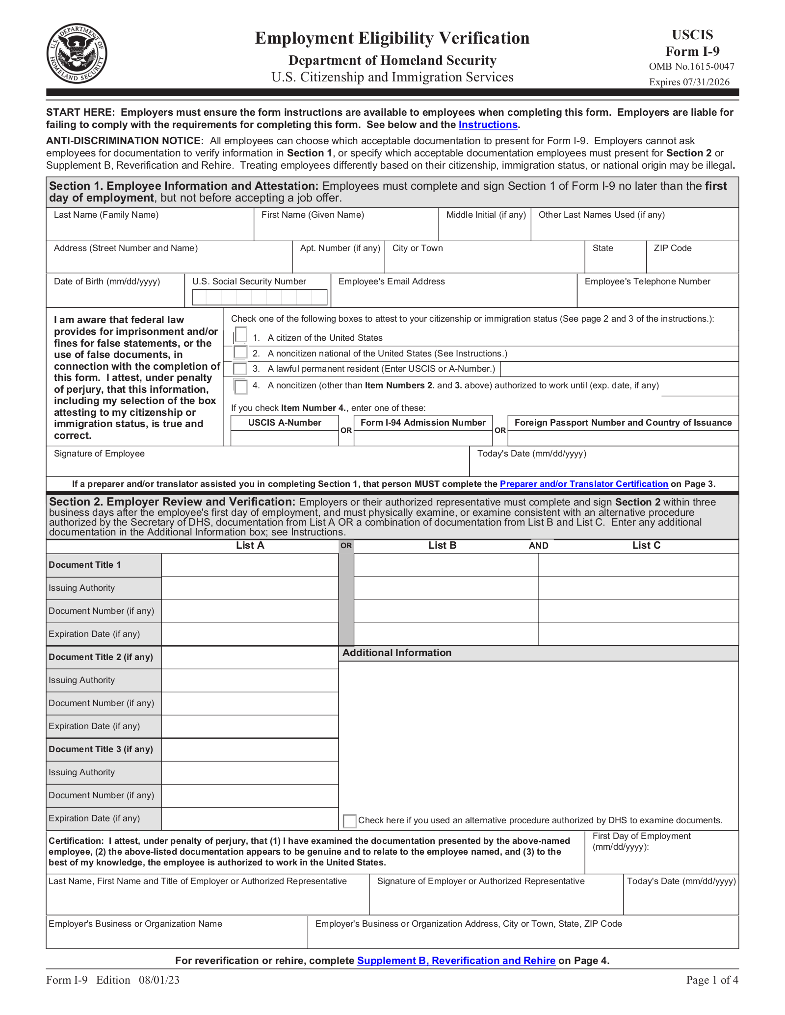 Free I 9 Form Employment Eligibility Verification Pdf Eforms 7104