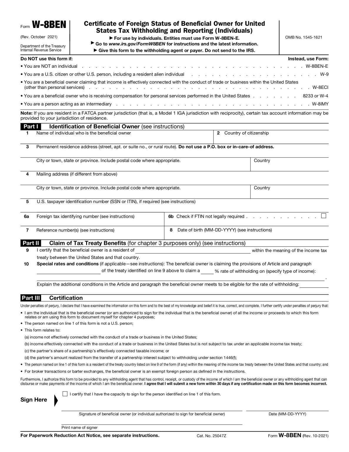 Free IRS Form W-8BEN - PDF – eForms