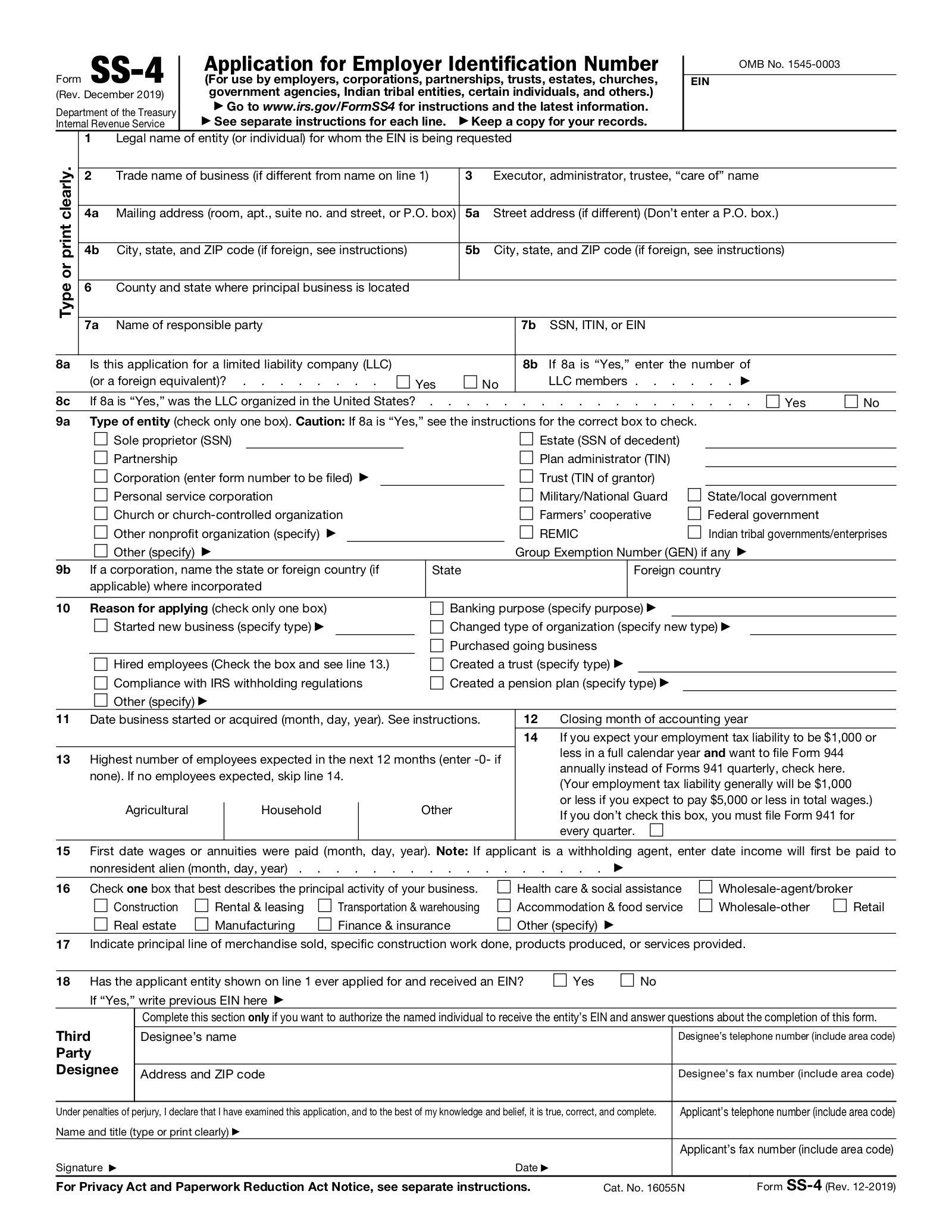 SS-4 | Application for Employer Identification Number