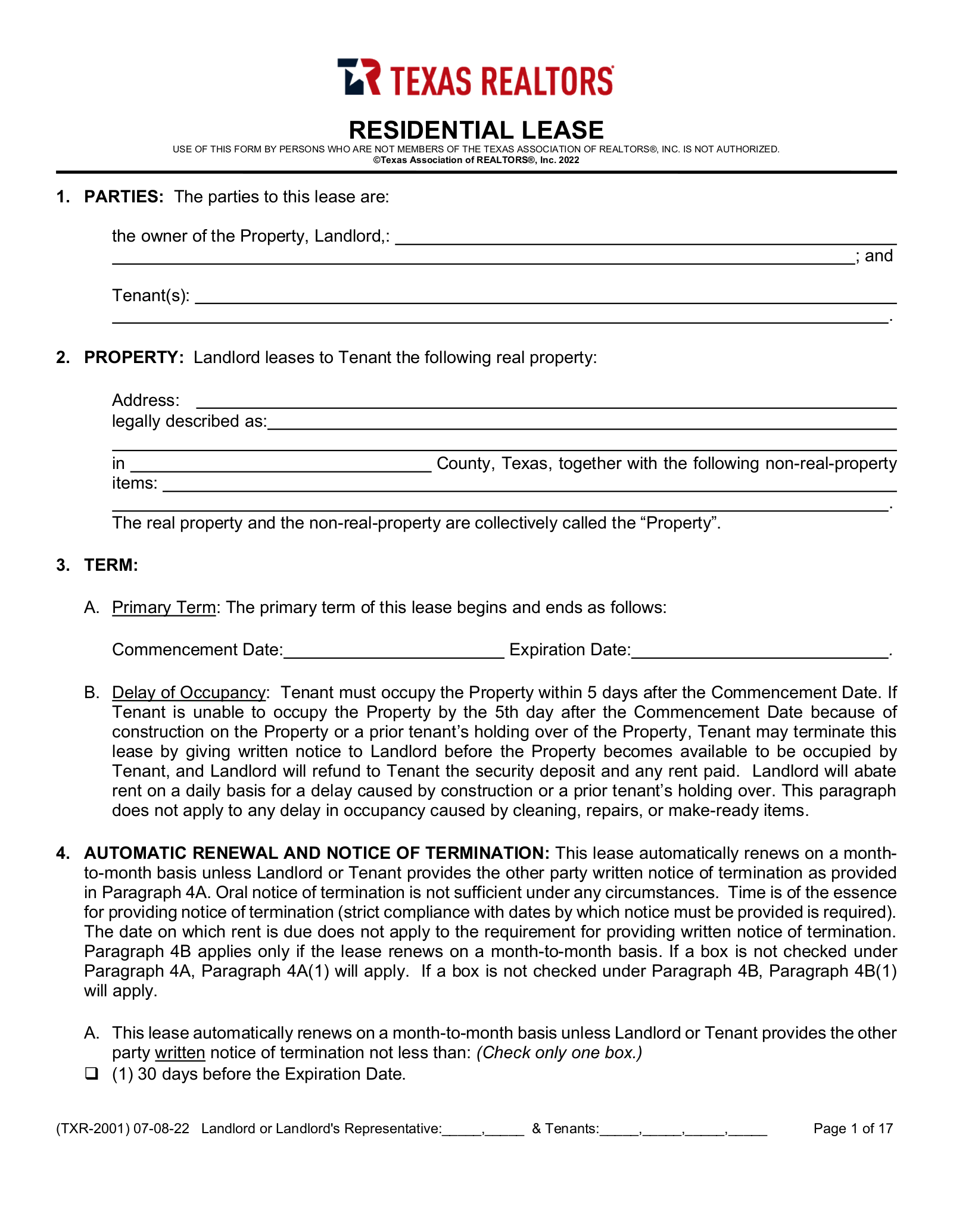 Texas Association of Realtors Lease Agreement Template