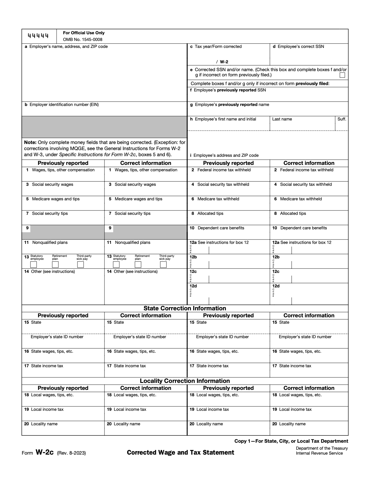 IRS Form W-2c | Corrected Wage and Tax Statement