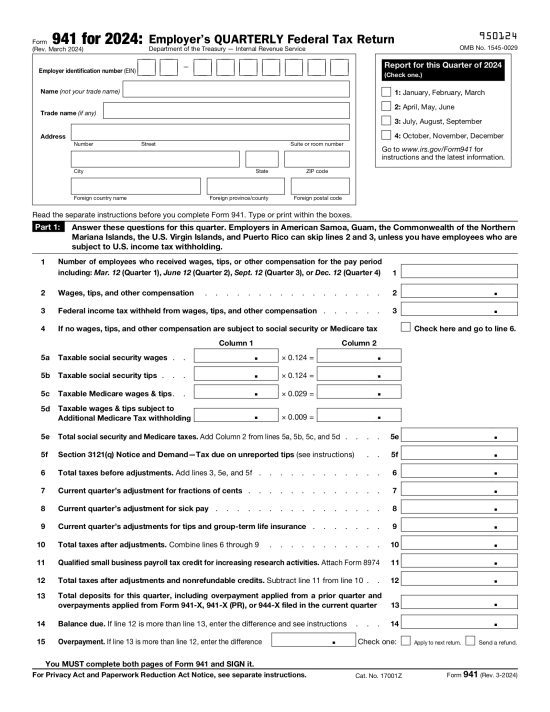 Form 941 Employer’s Quarterly Federal Tax Return eForms