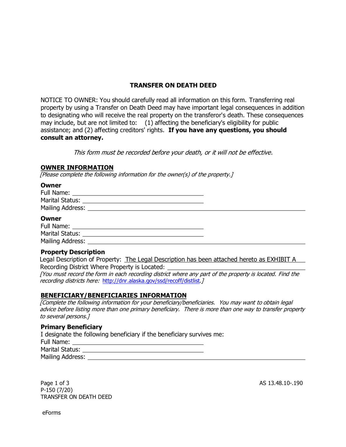 Free Alaska Transfer on Death Deed - PDF – eForms